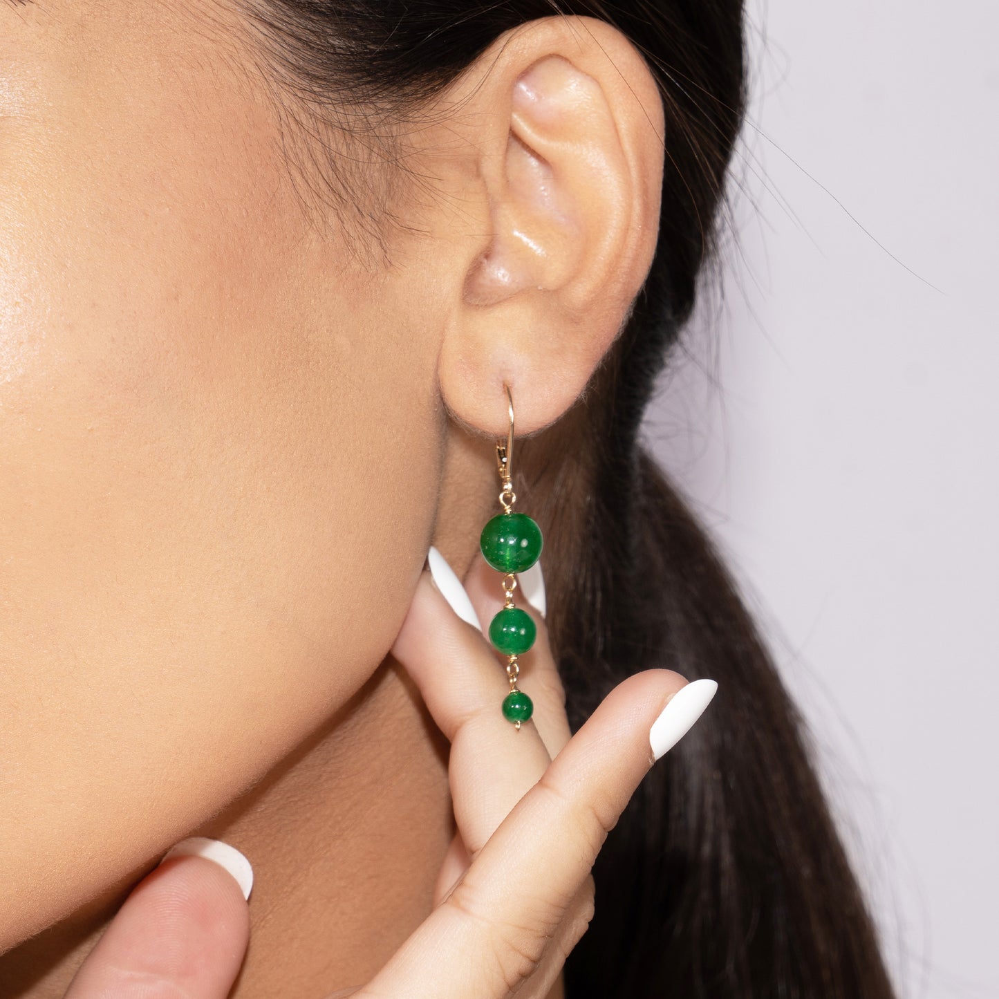 14k Graduated Ball Drop Leverback Earrings Jade