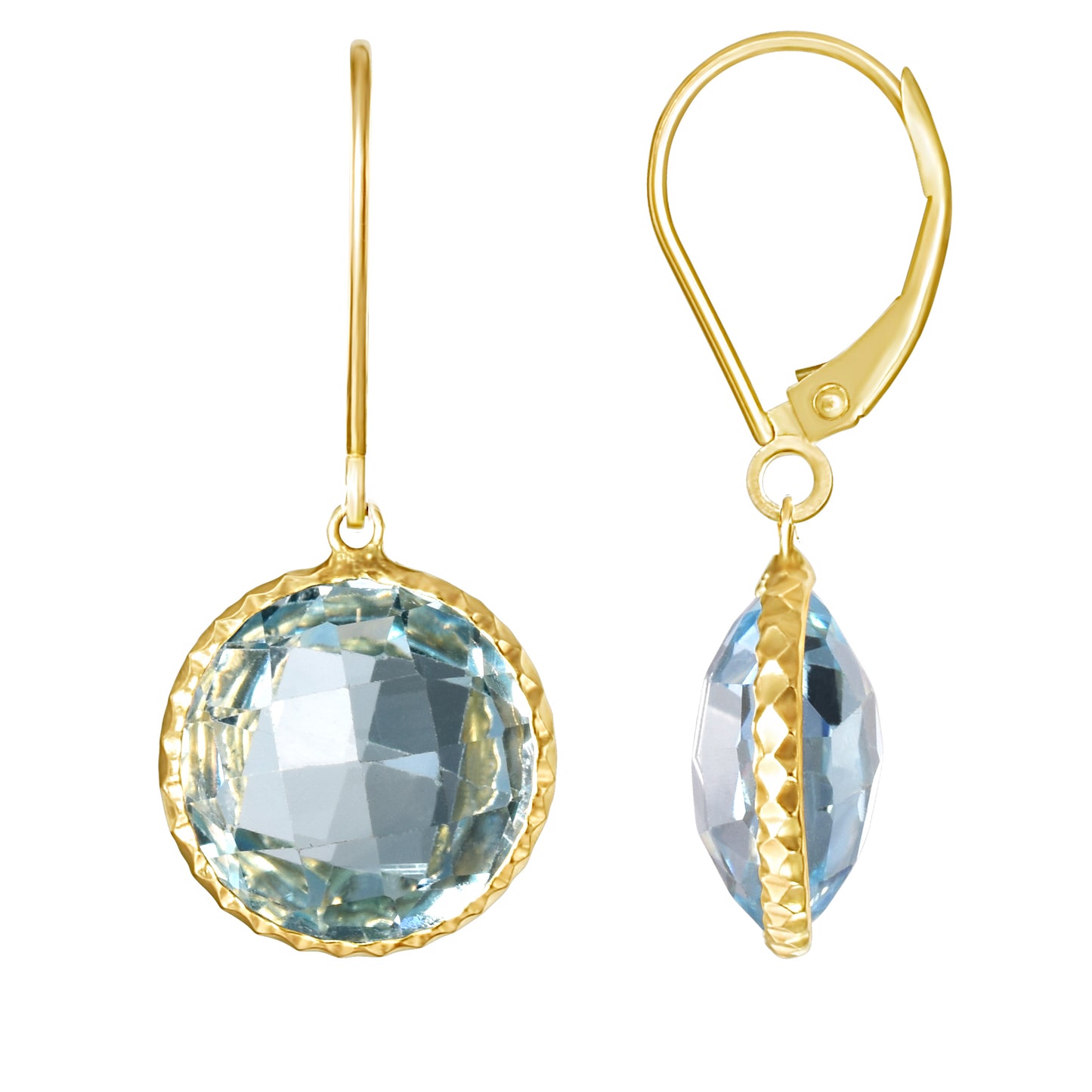 14k Blue Topaz Fancy Round Bezel Earring Leverback