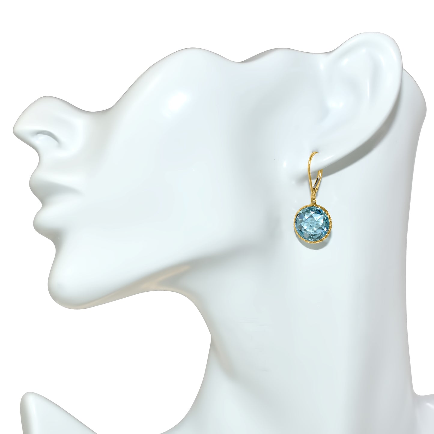 14k Blue Topaz Fancy Round Bezel Earring Leverback