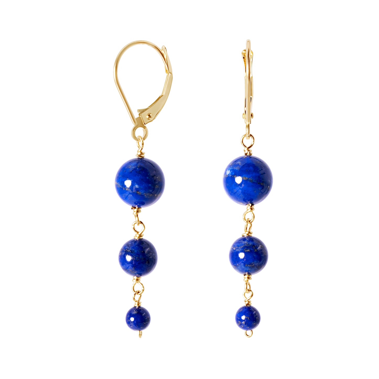 14k Graduated Ball Drop Leverback Earrings Lapis