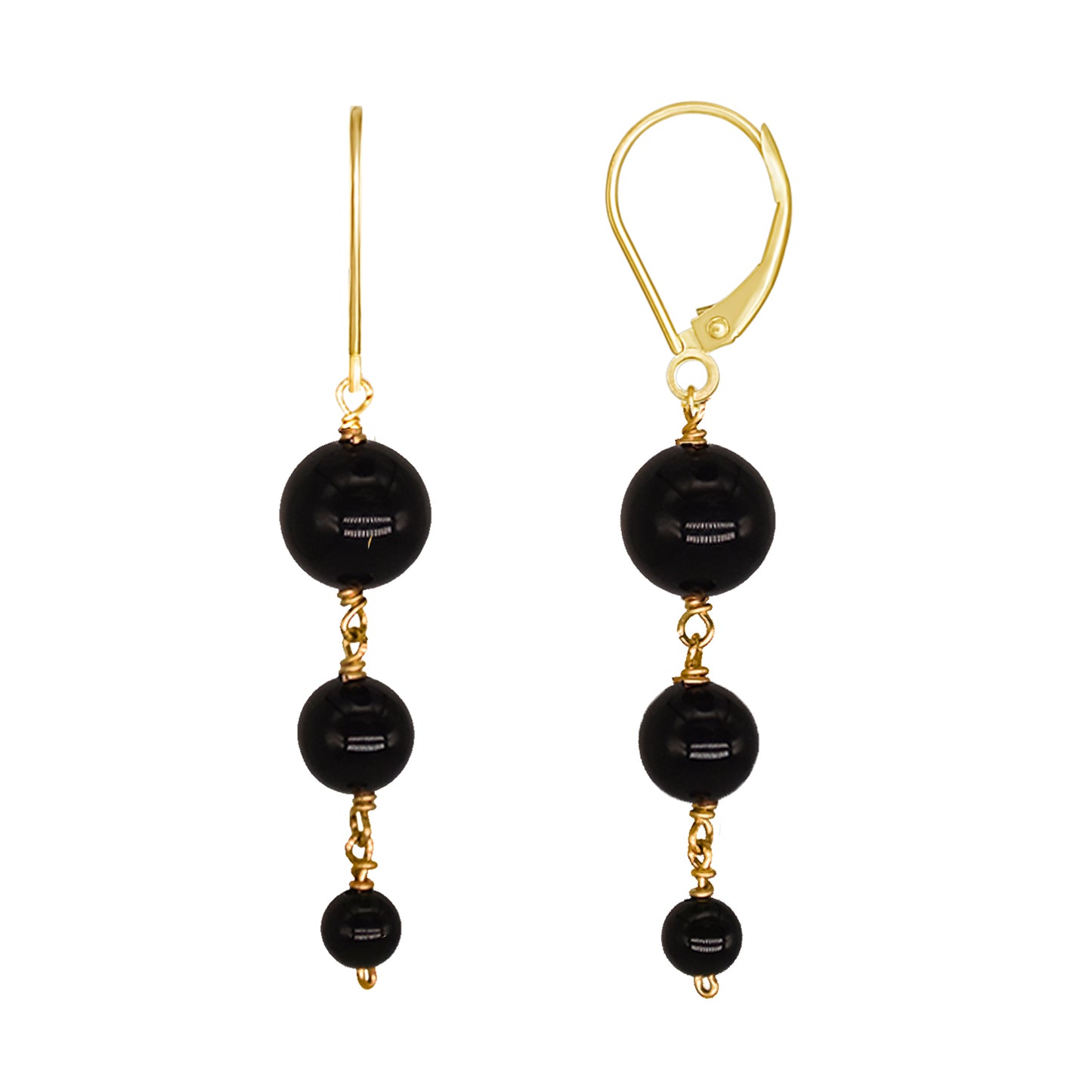 14k Graduated Ball Drop Leverback Earrings Black Onyx