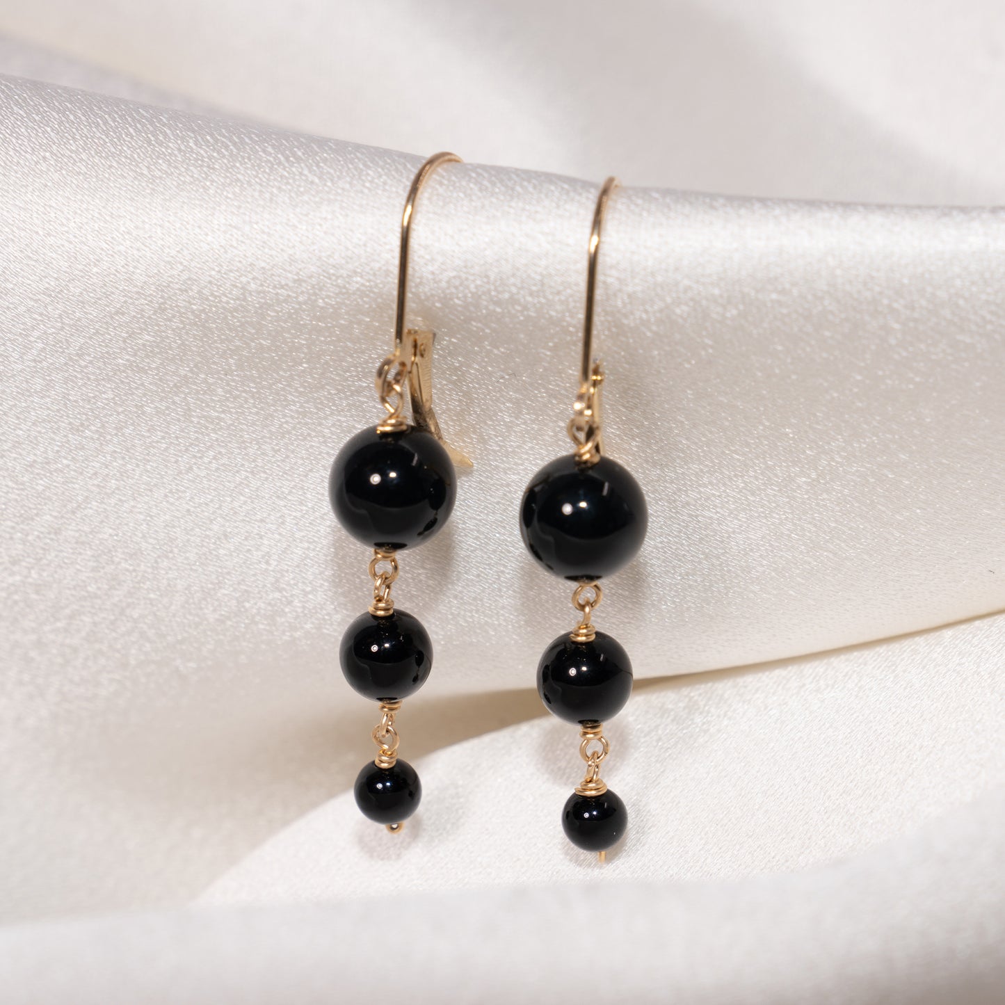 14k Graduated Ball Drop Leverback Earrings Black Onyx
