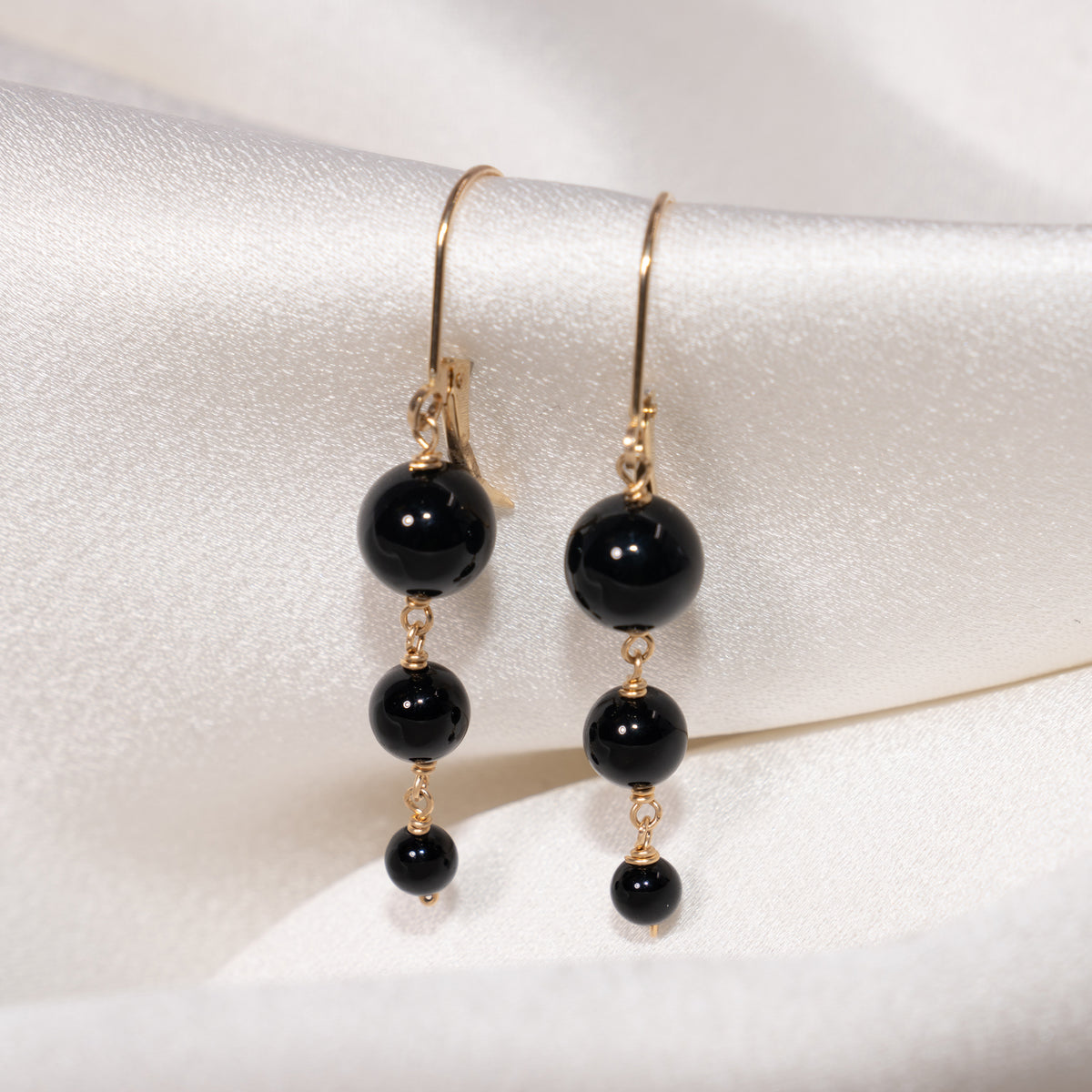 14k Graduated Ball Drop Leverback Earrings Black Onyx