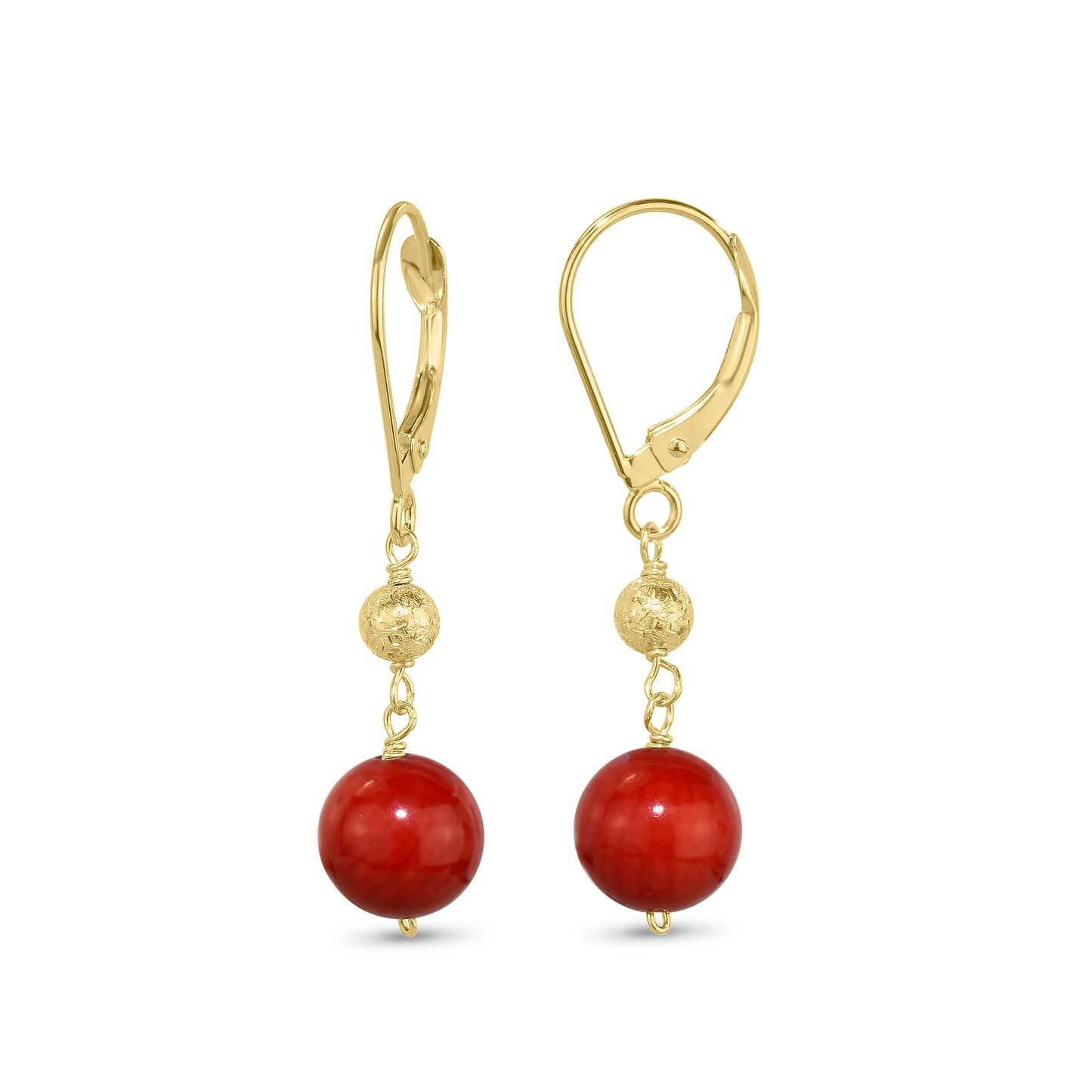 14k Red Coral Gold Ball Leverback Earring