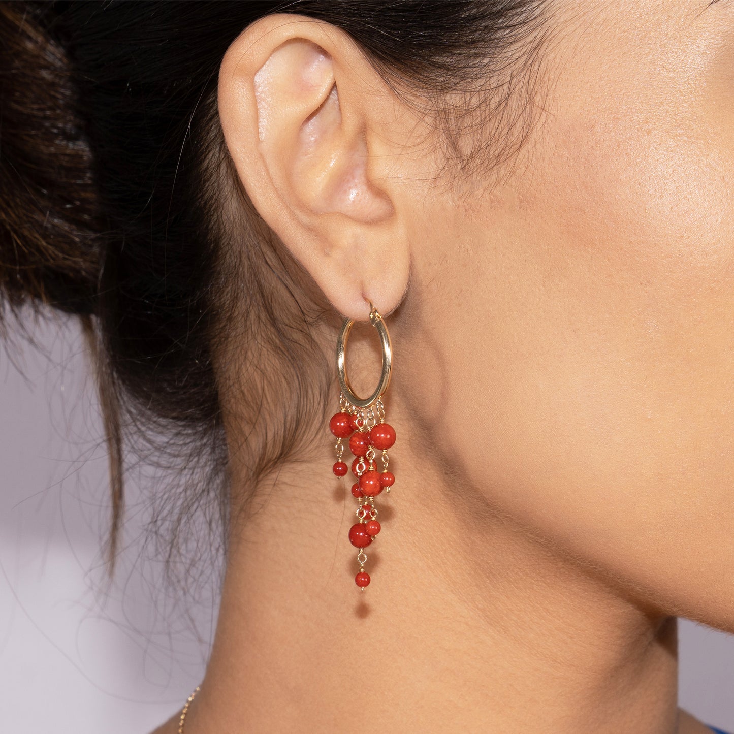 14k Red Coral 5-Line Drop Hoop Earring