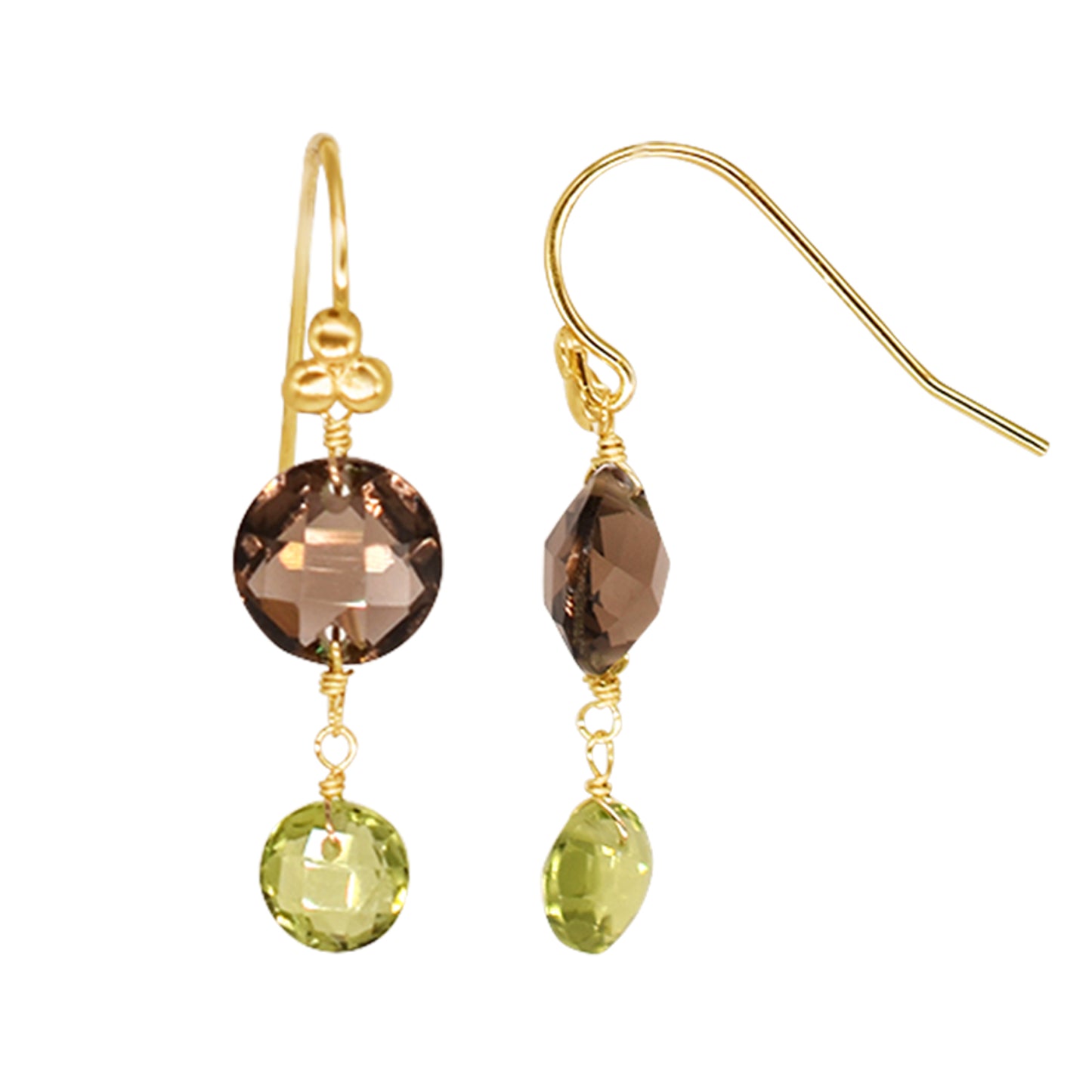 14k Smoky Quartz Peridot Coin 3-Ball Hook Earring