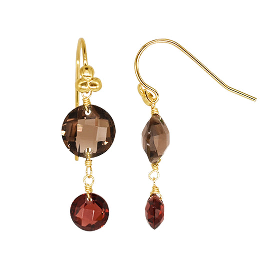 14k Smoky Quartz Garnet Coin 3-Ball Hook Earring