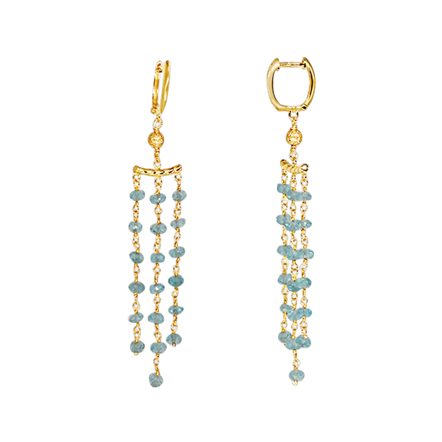 14k Gemstone Roundel 3 Row Link Chandelier Huggie Hoop Earring Swiss Blue Topaz