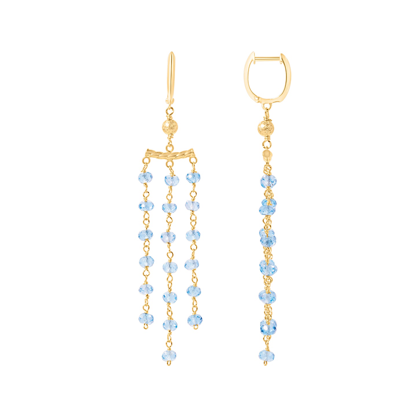 14k Gemstone Roundel 3 Row Link Chandelier Huggie Hoop Earring Swiss Blue Topaz