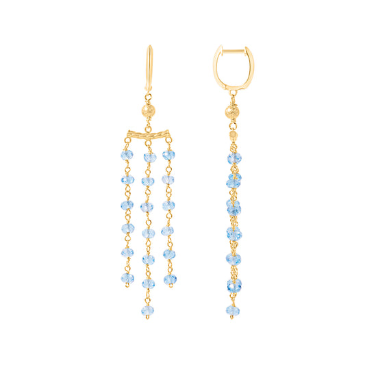 14k Gemstone Roundel 3 Row Link Chandelier Huggie Hoop Earring Swiss Blue Topaz