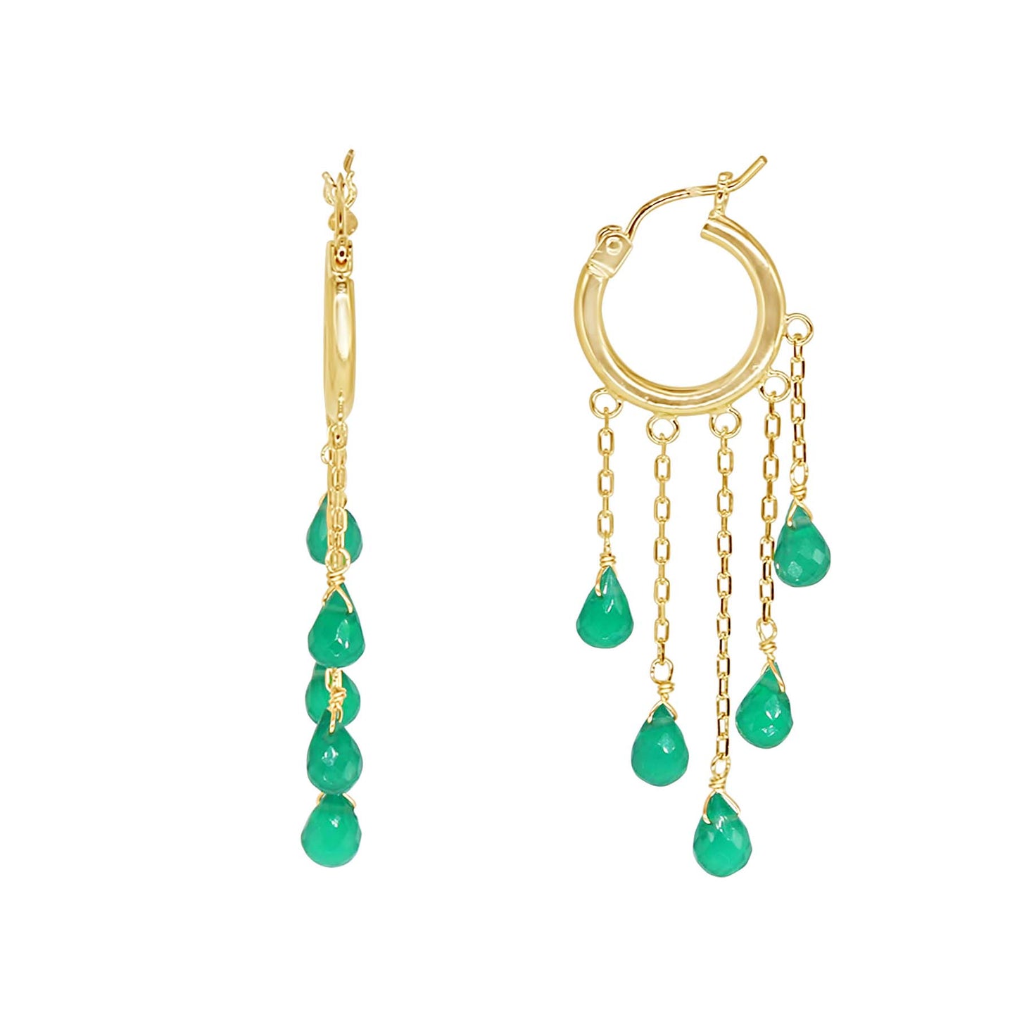 14k 5 Row Dangle Hoop Earring Green Onyx