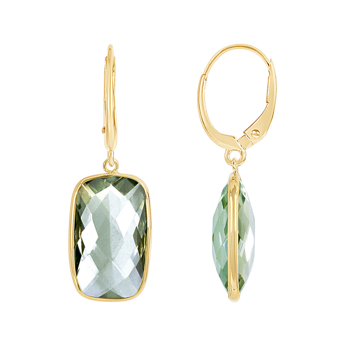 14k Green Amethyst Cushion Round Leverback Earring