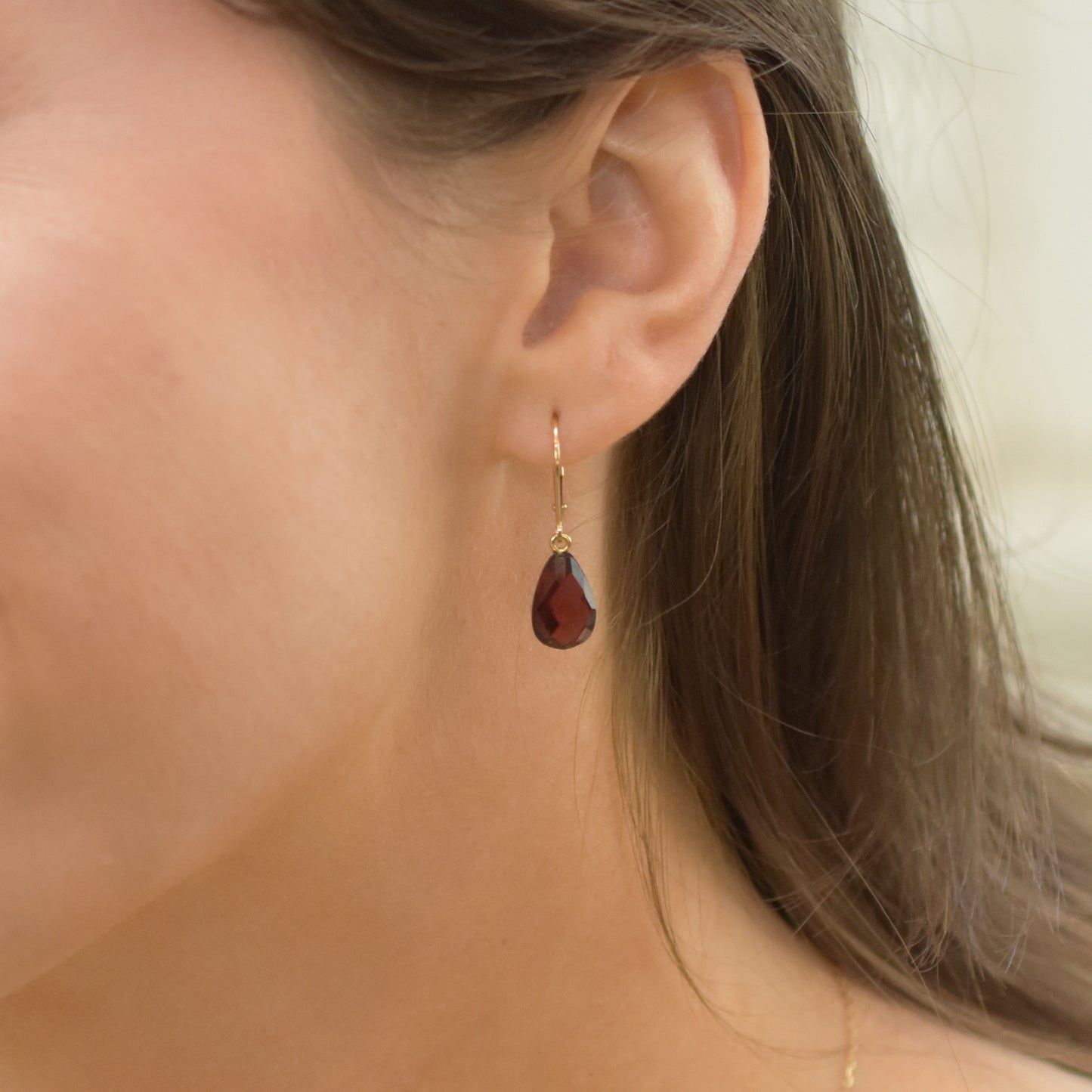 14k Garnet Pear Leverback Drop Earring