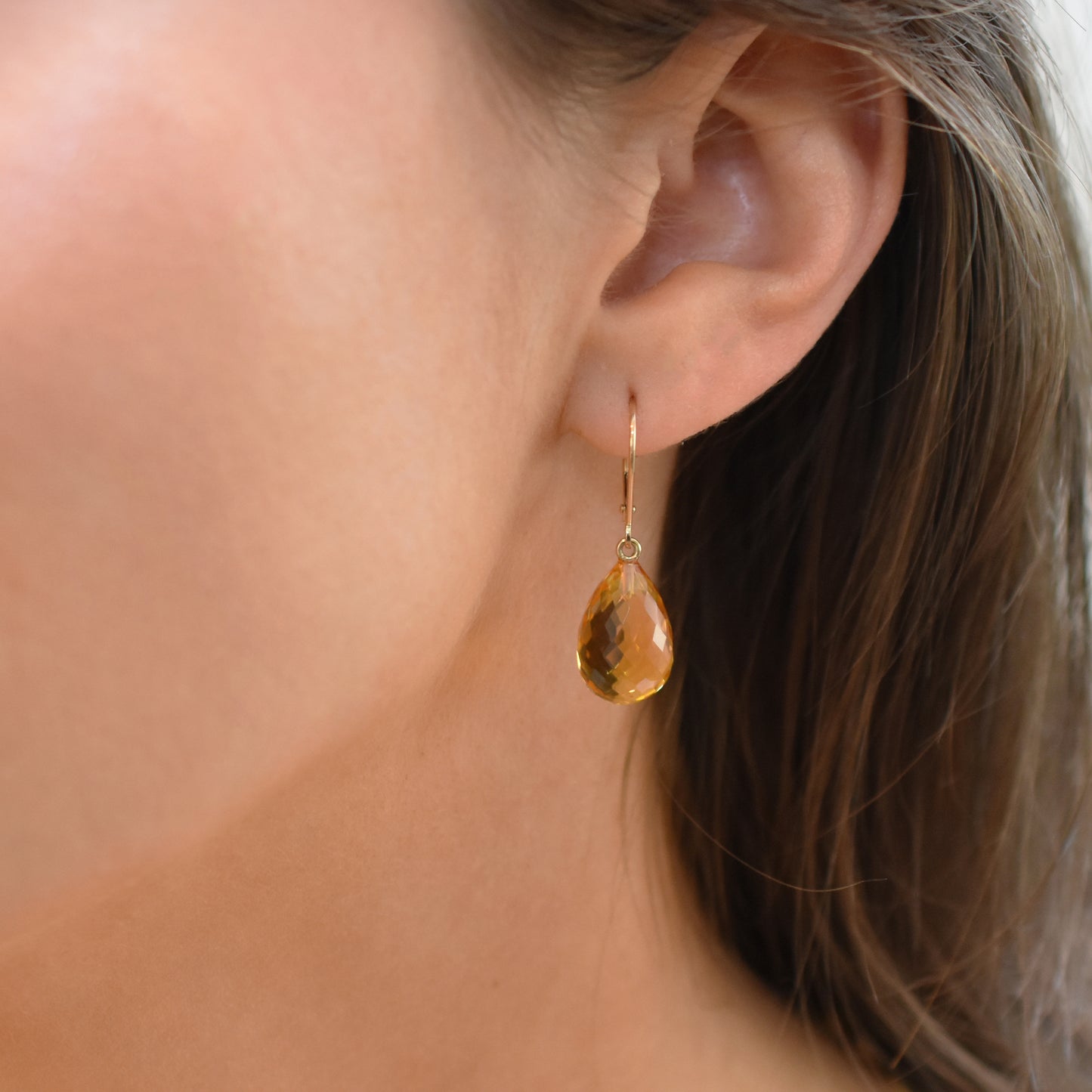 14k Blue Topaz Drop Leverback Earring Citrine
