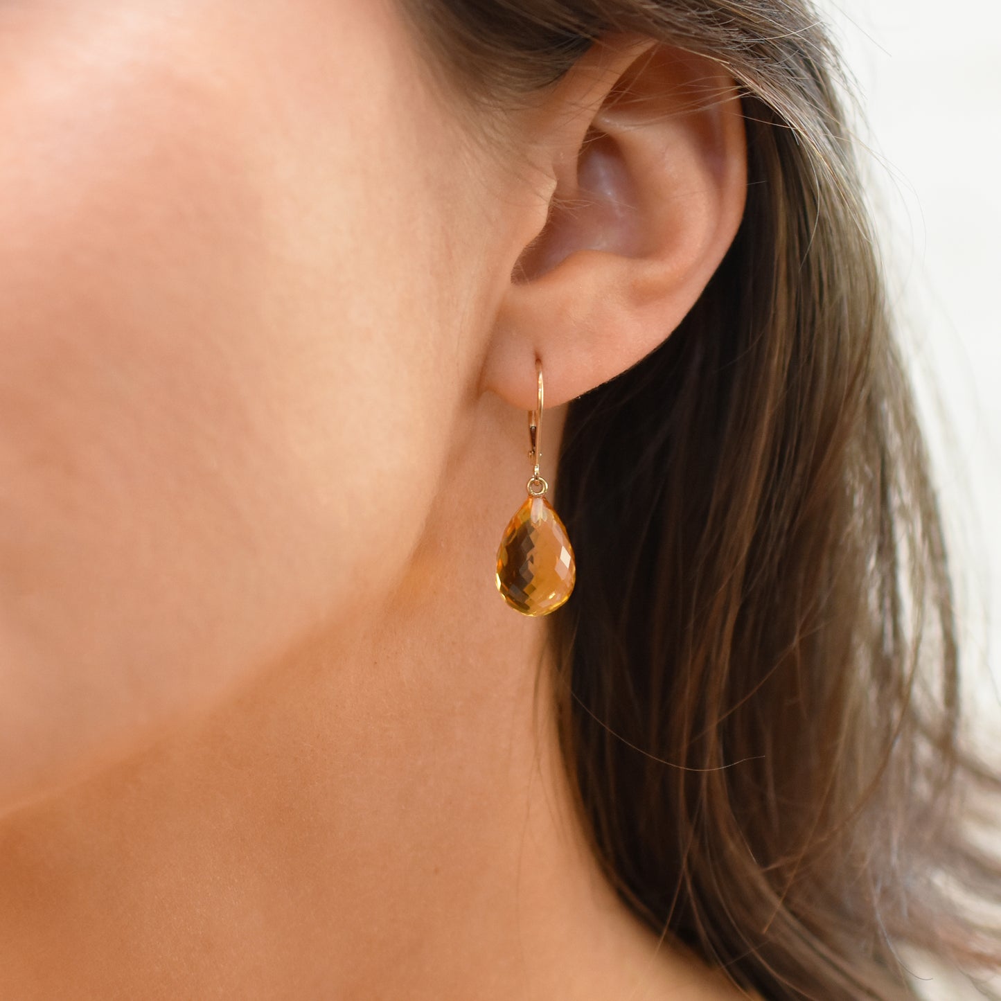 14k Blue Topaz Drop Leverback Earring Citrine