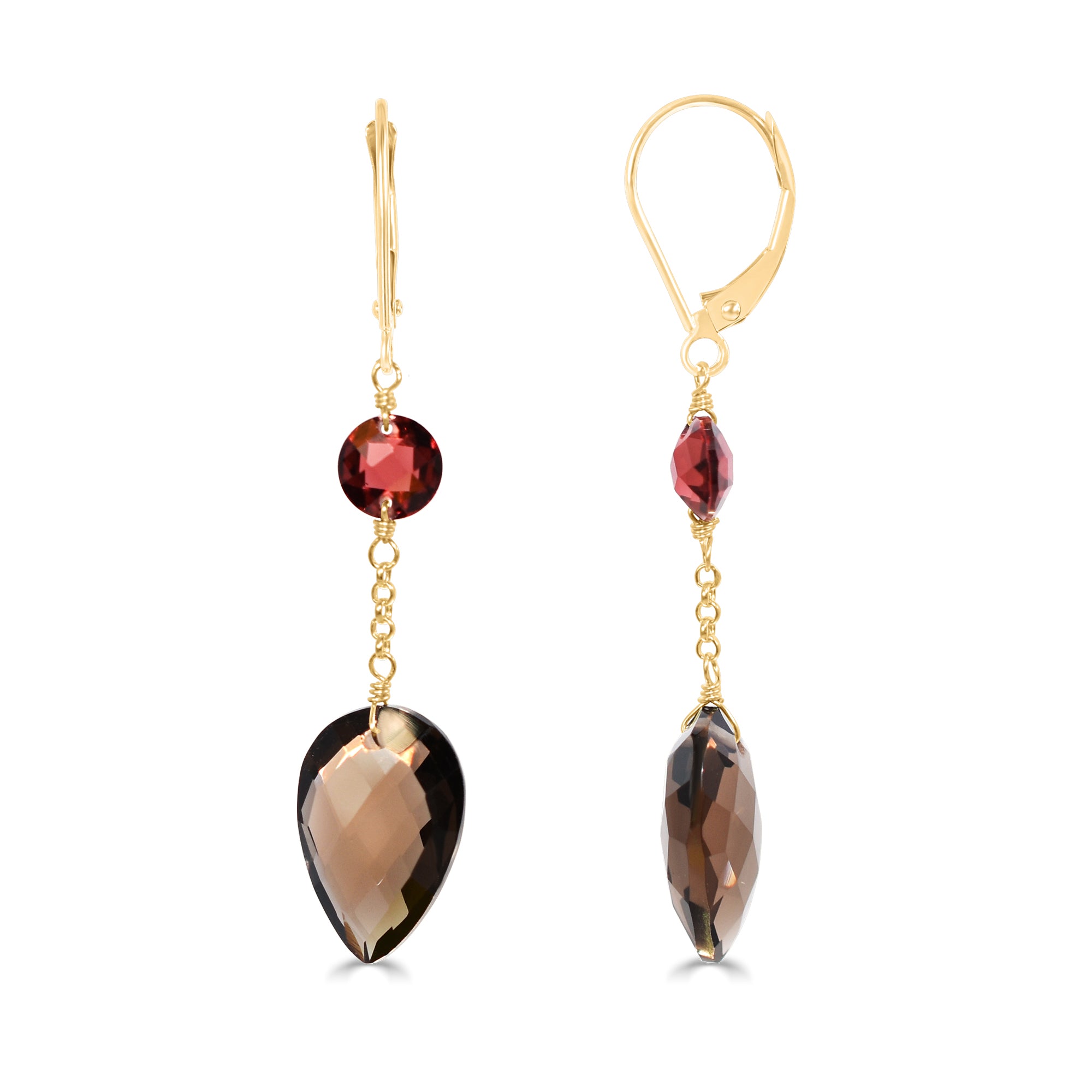 14k Garnet Smoky Quartz Chain Leverback Earring