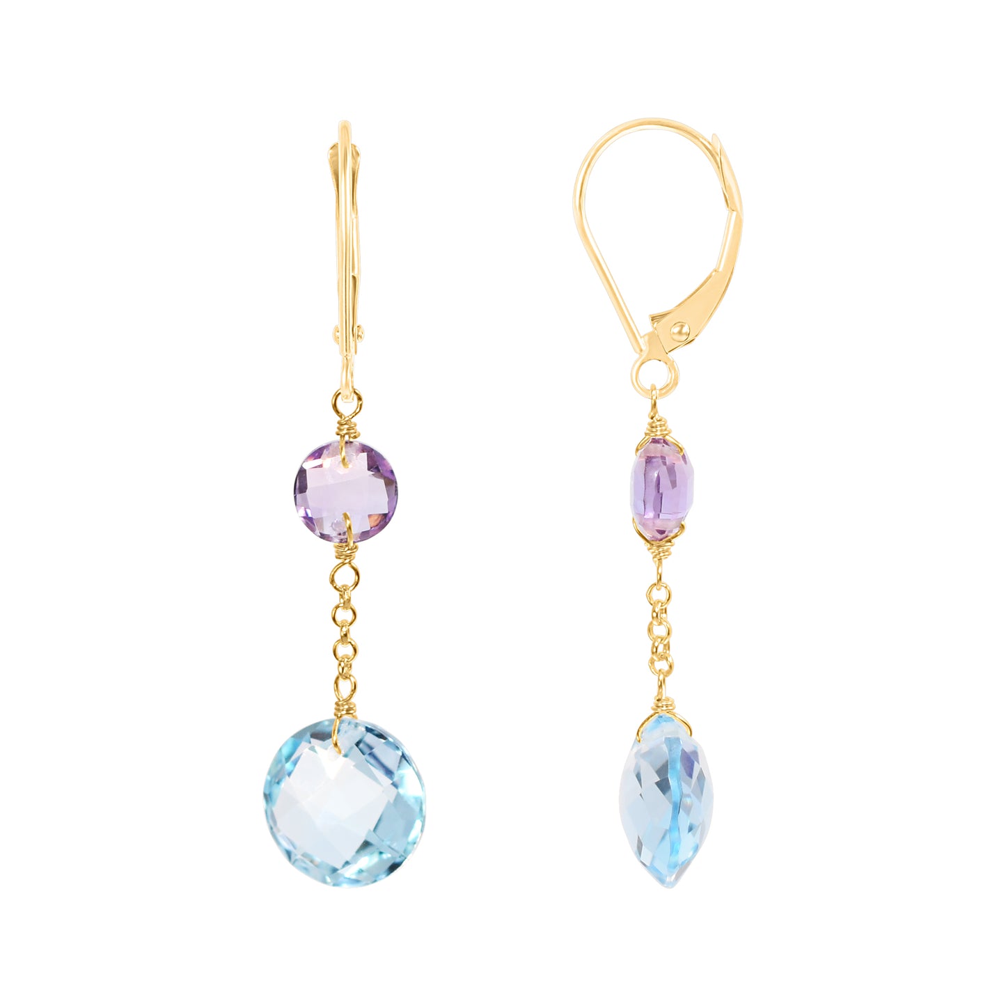 14k Two Gemstone Coin Dangle Leverback Earring Amethyst & Blue Topaz