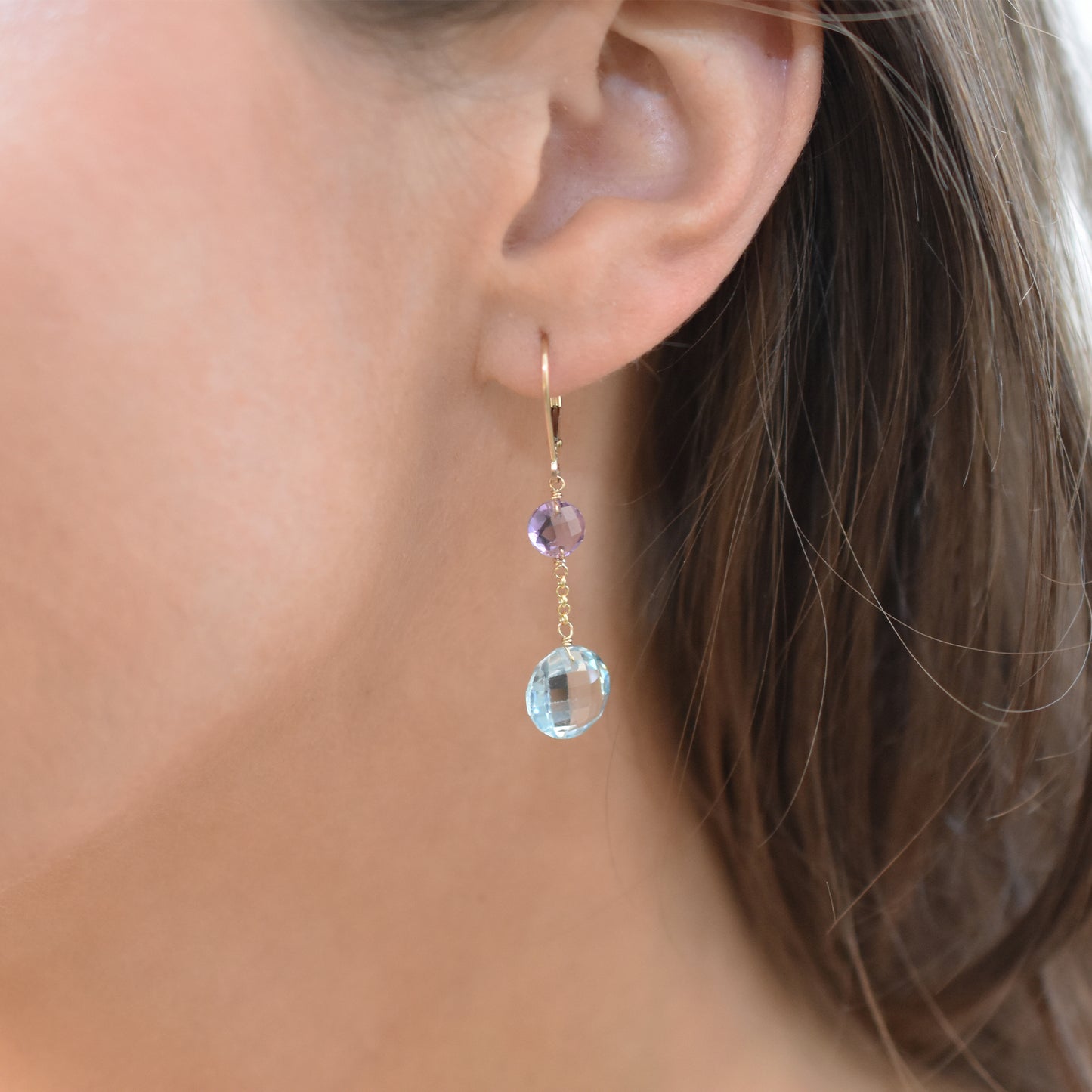 14k Two Gemstone Coin Dangle Leverback Earring Amethyst & Blue Topaz