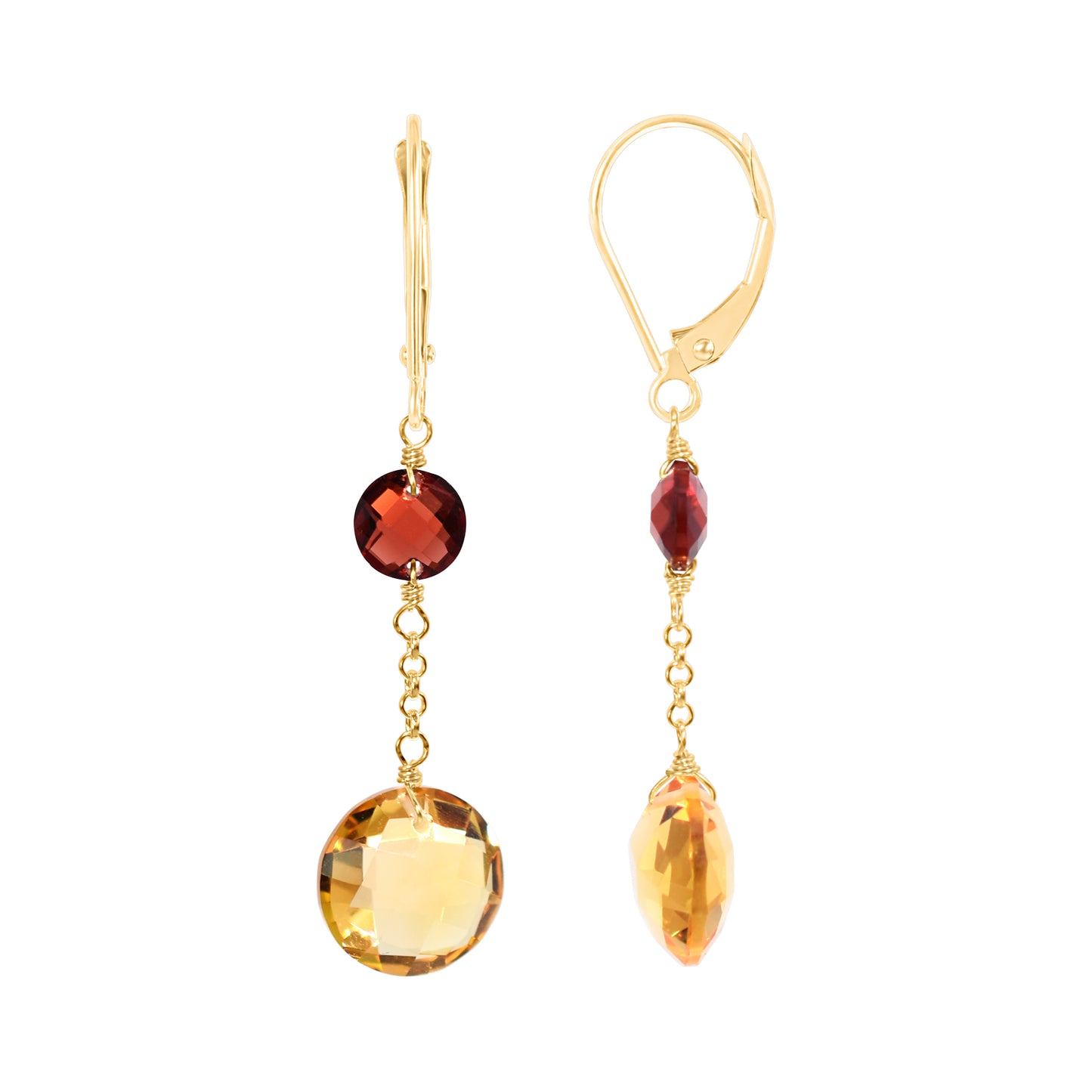 14k Two Gemstone Coin Dangle Leverback Earring Garnet & Citrine