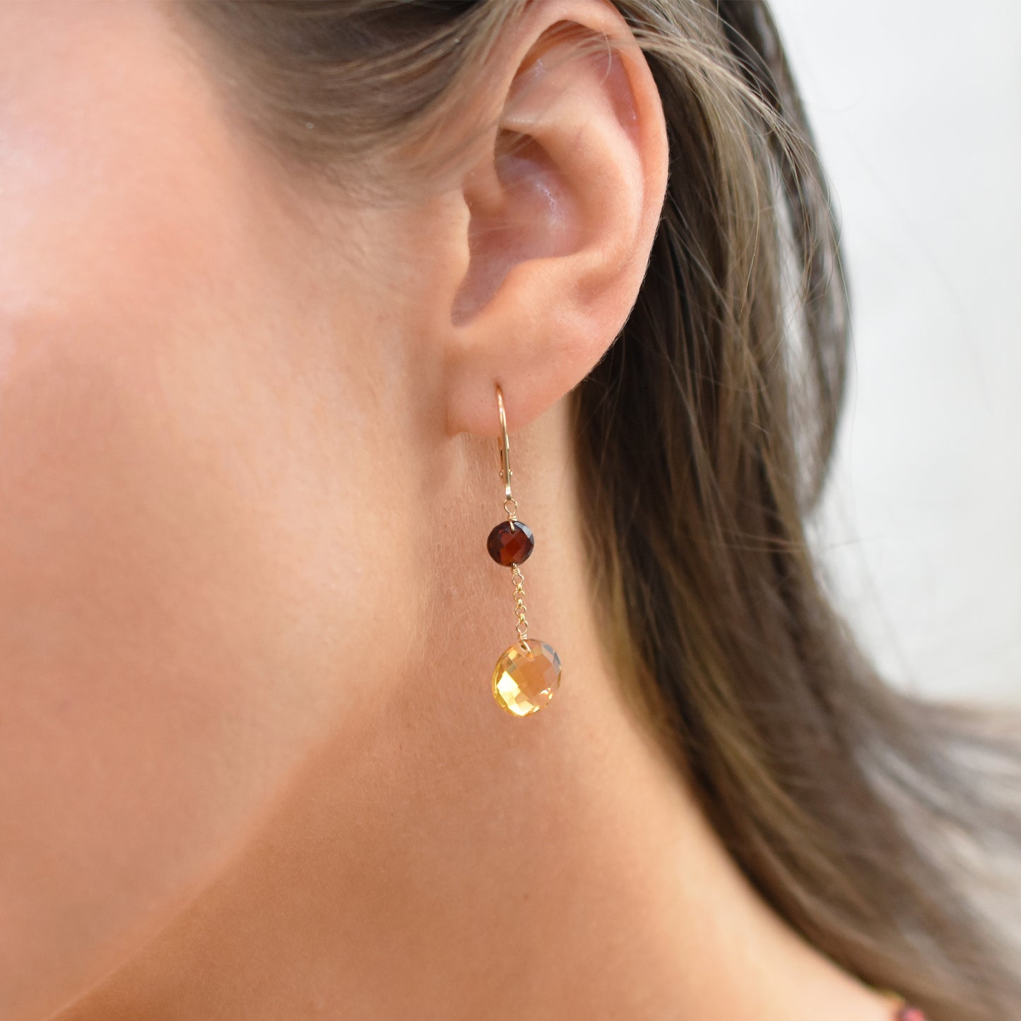 14k Two Gemstone Coin Dangle Leverback Earring Garnet & Citrine