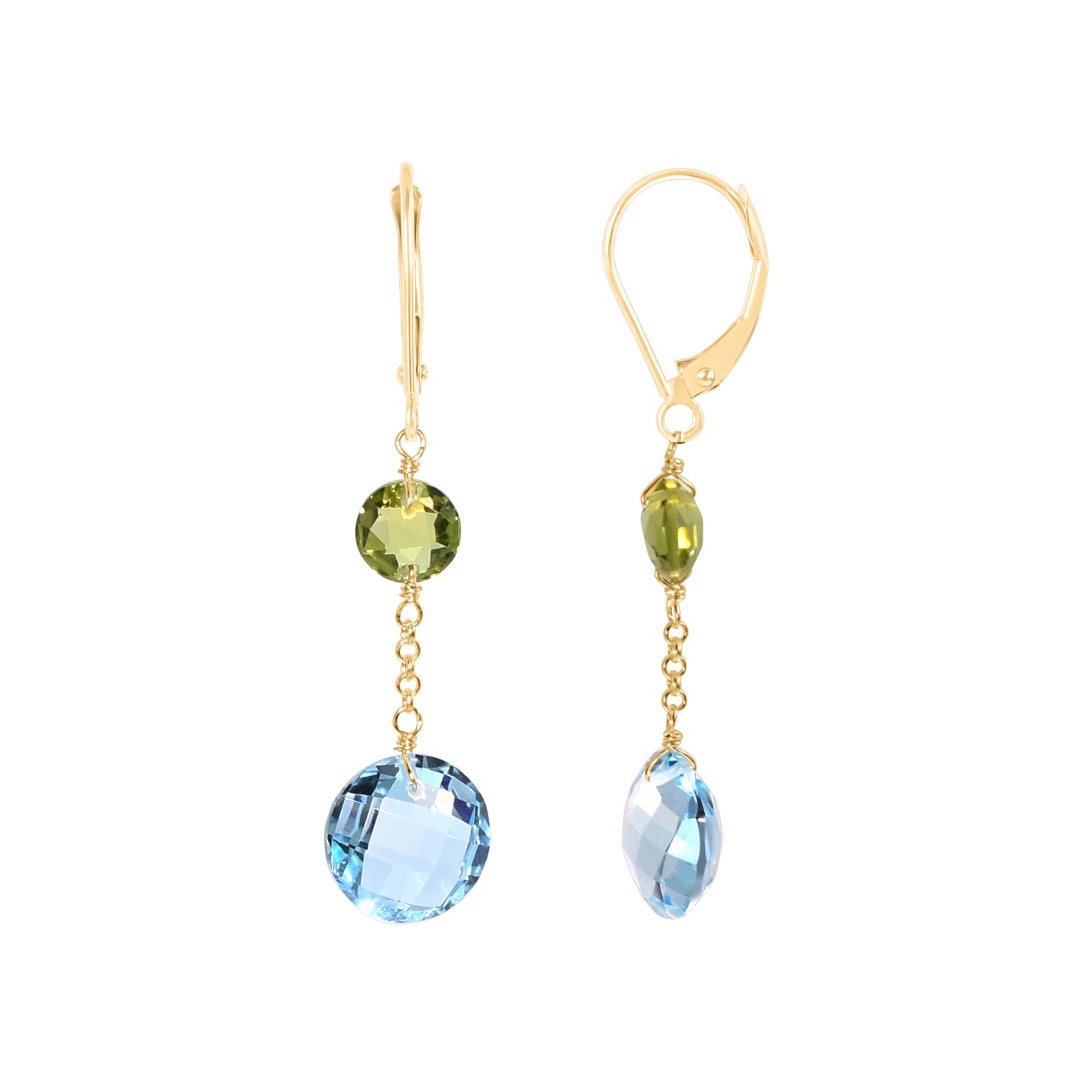 14k Two Gemstone Coin Dangle Leverback Earring Peridot & Blue Topaz