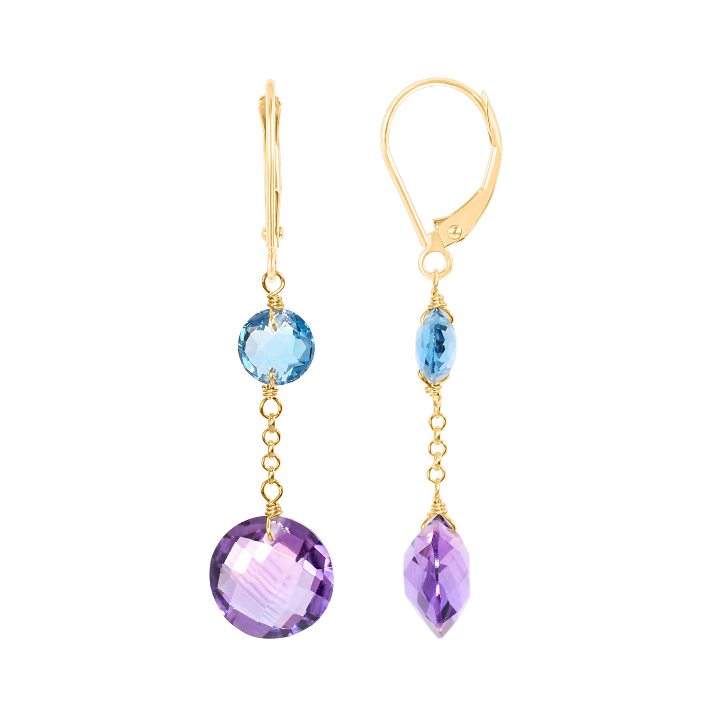 14k Two Gemstone Coin Dangle Leverback Earring Swiss Blue Topaz & Amethyst
