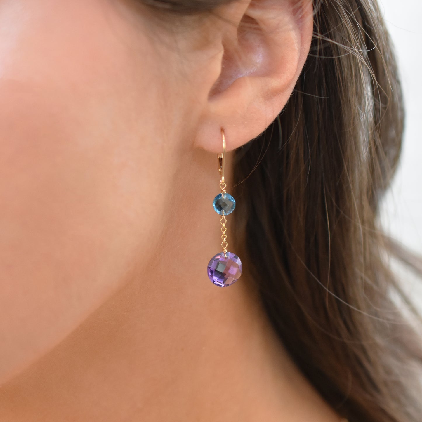 14k Two Gemstone Coin Dangle Leverback Earring Swiss Blue Topaz & Amethyst