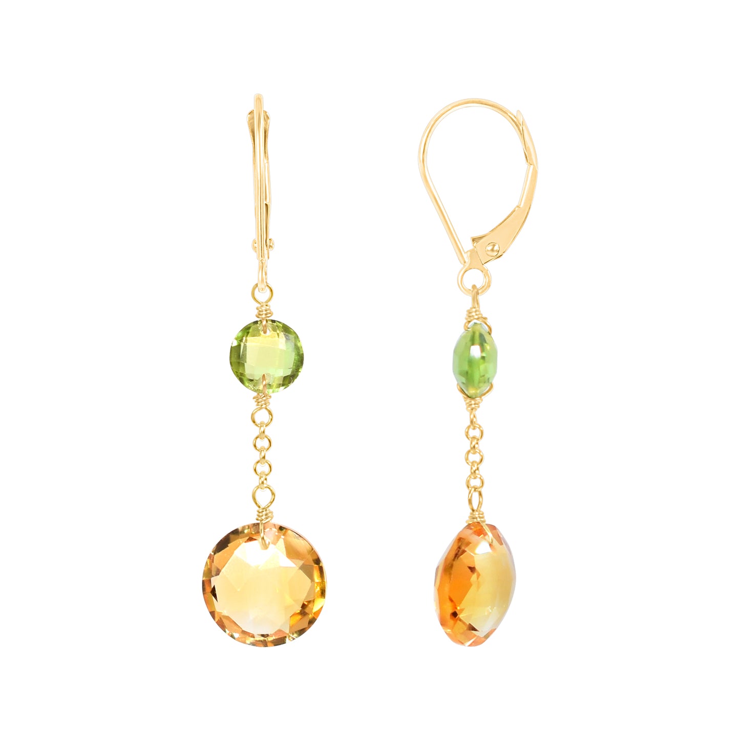 14k Two Gemstone Coin Dangle Leverback Earring Peridot & Citrine