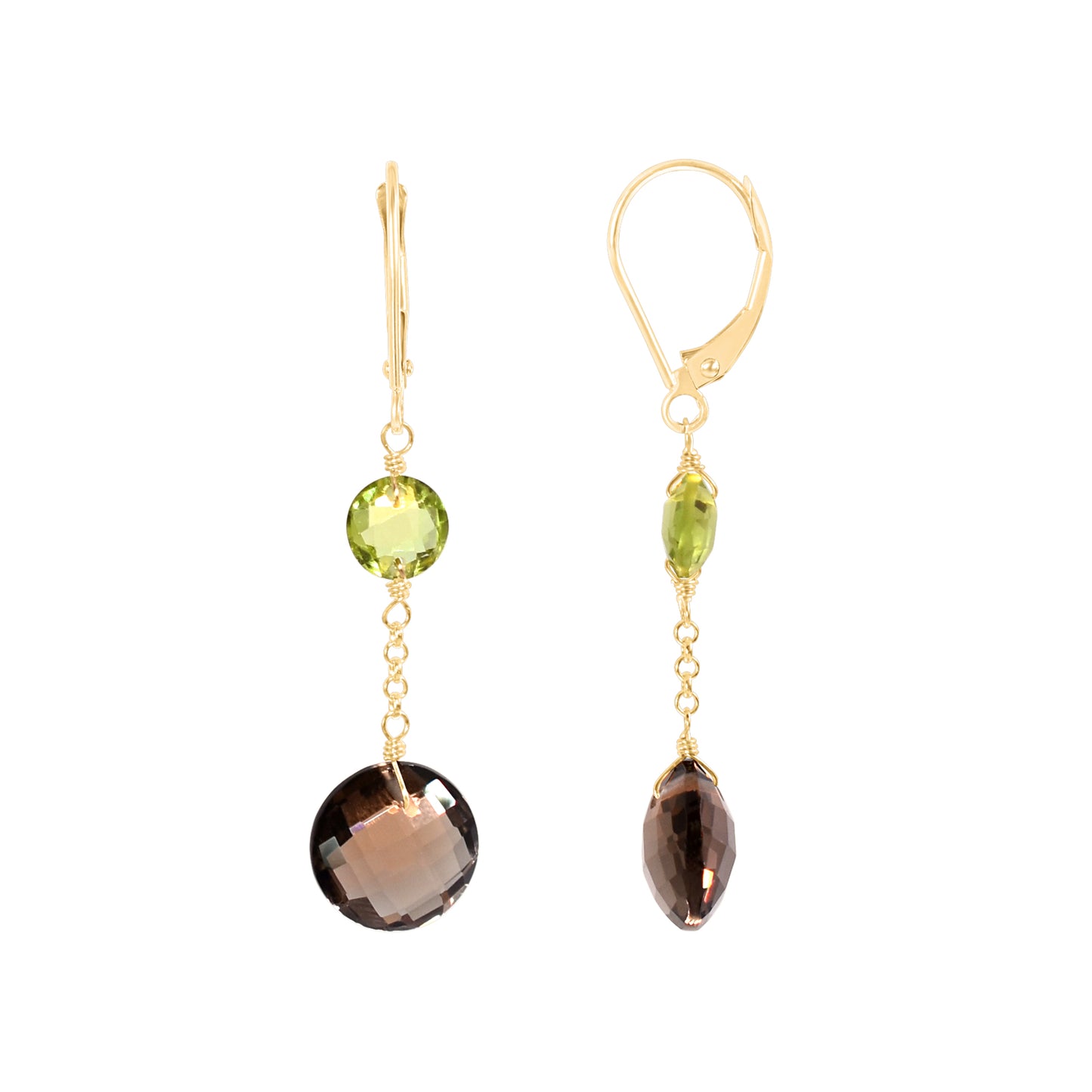 14k Two Gemstone Coin Dangle Leverback Earring Peridot & Smoky Quartz