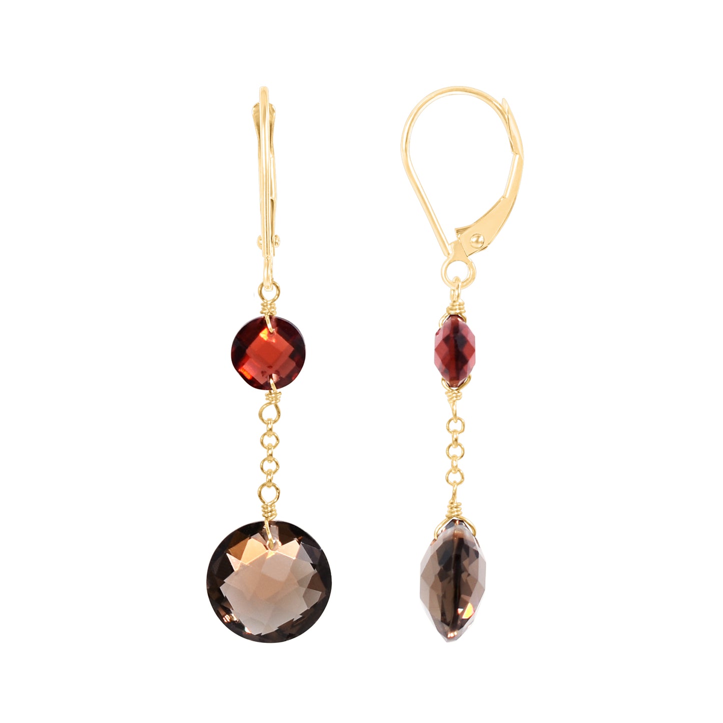 14k Two Gemstone Coin Dangle Leverback Earring Garnet & Smoky Quartz
