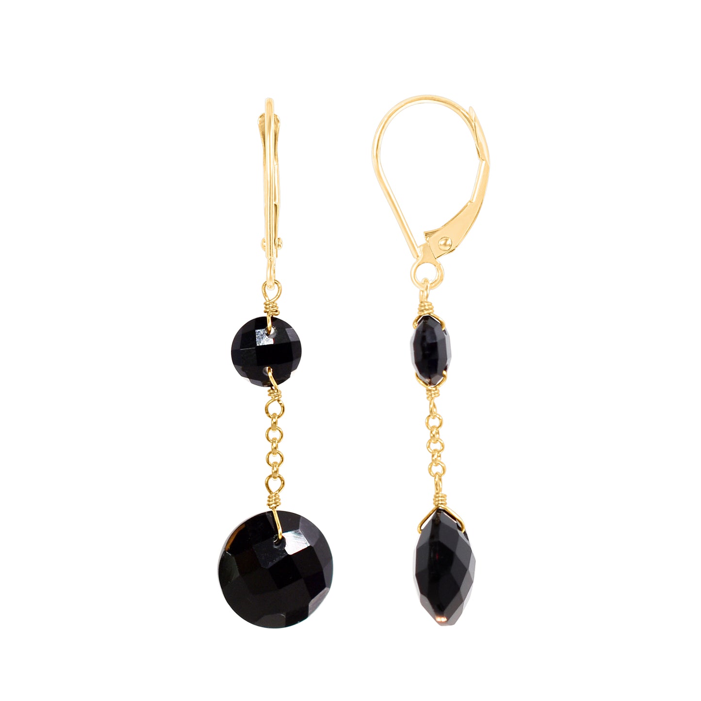 14k Two Gemstone Coin Dangle Leverback Earring Black Onyx
