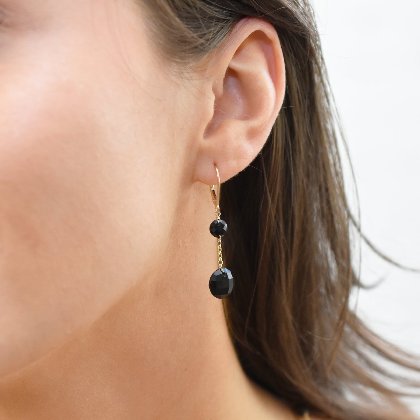 14k Two Gemstone Coin Dangle Leverback Earring Black Onyx