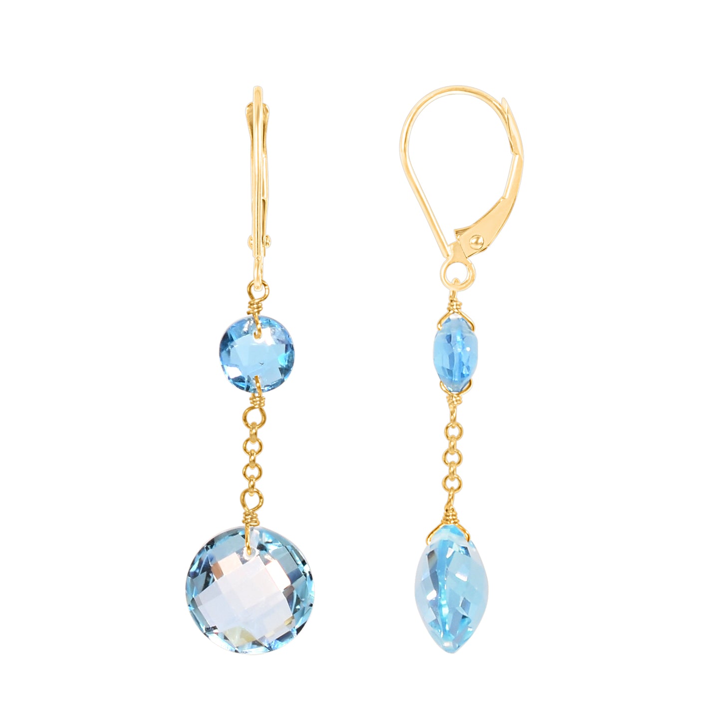 14k Two Gemstone Coin Dangle Leverback Earring Swiss & Sky Blue Topaz