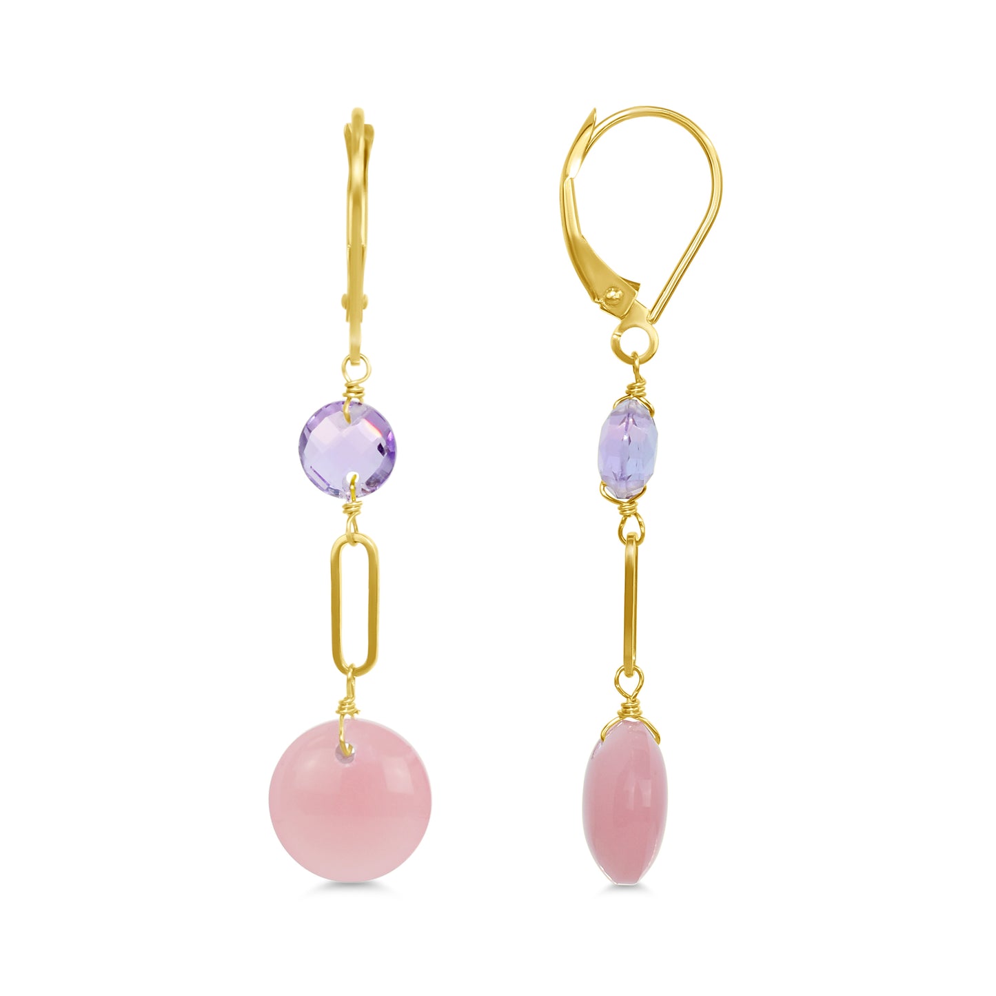 14k Gemstones Coin Shape Leverback Earring Amethyst & Guava Quartz