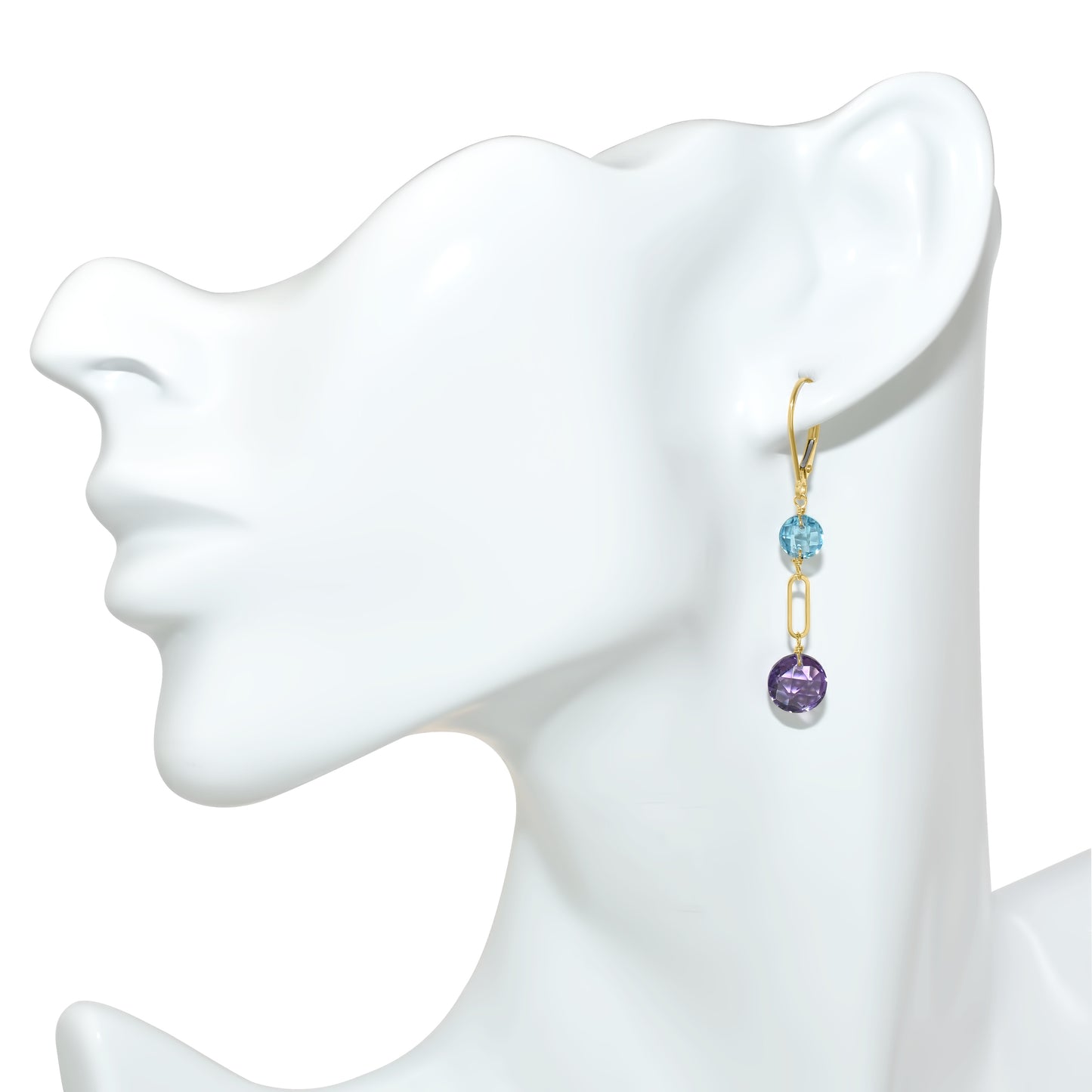 14k Gemstones Coin Shape Leverback Earring Swiss Blue Topaz & Amethyst