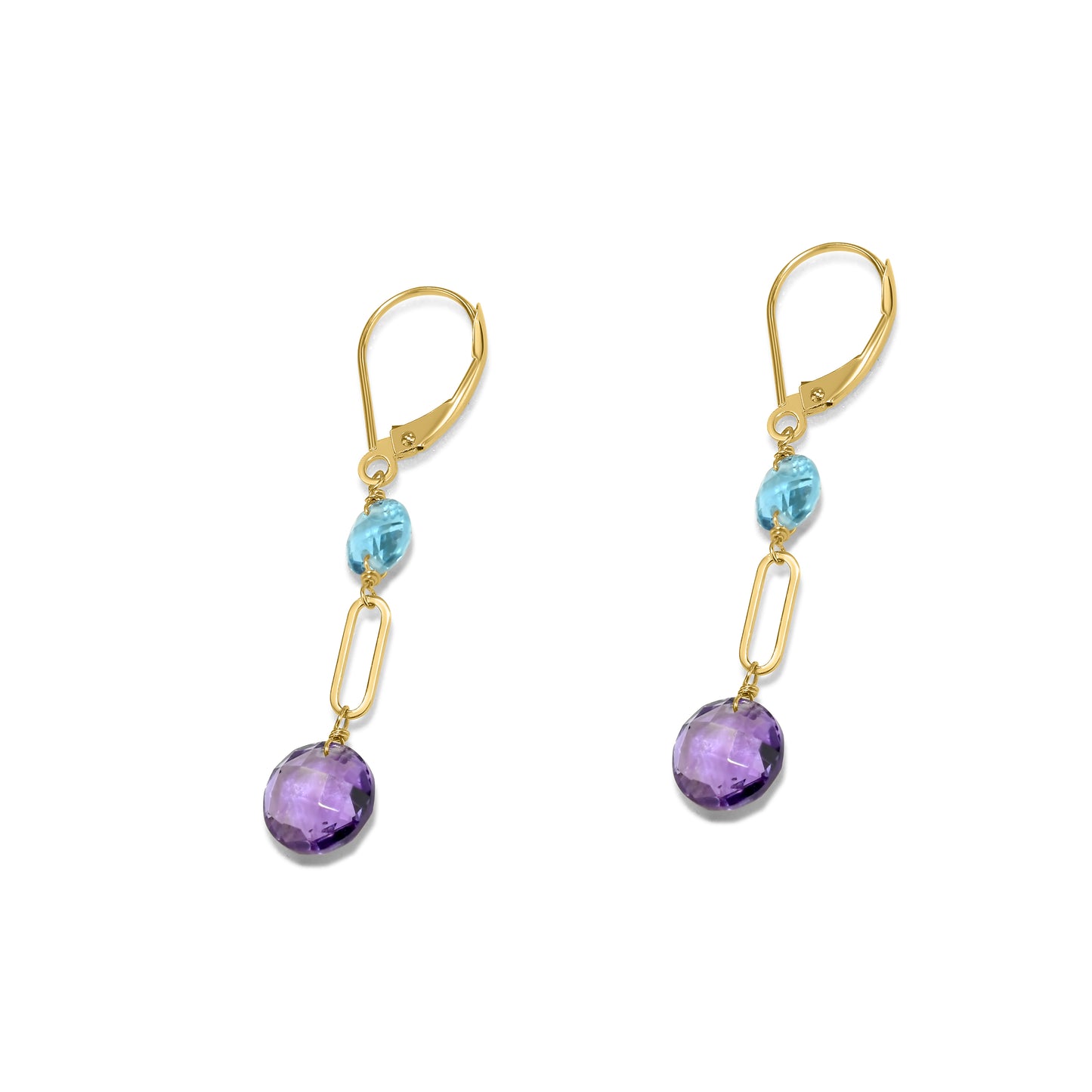 14k Gemstones Coin Shape Leverback Earring Swiss Blue Topaz & Amethyst