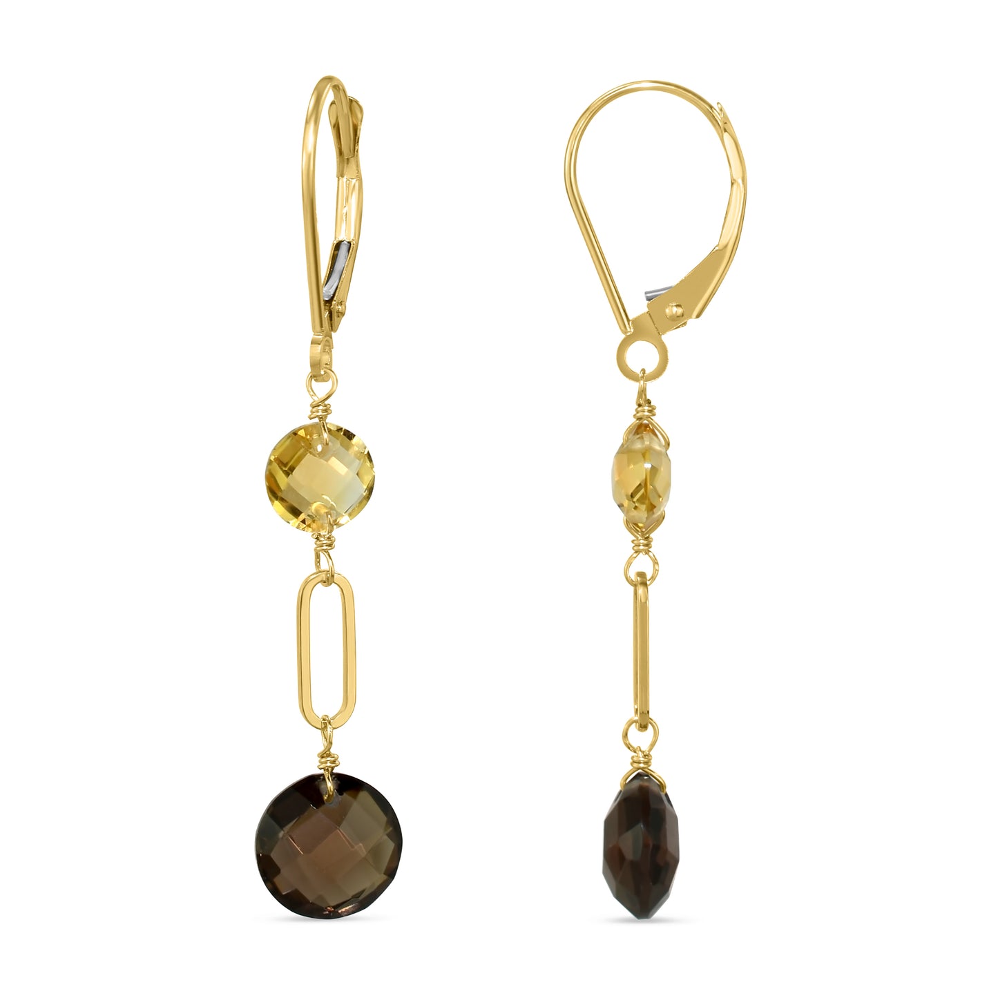 14k Gemstones Coin Shape Leverback Earring Citrine & Smoky Quartz
