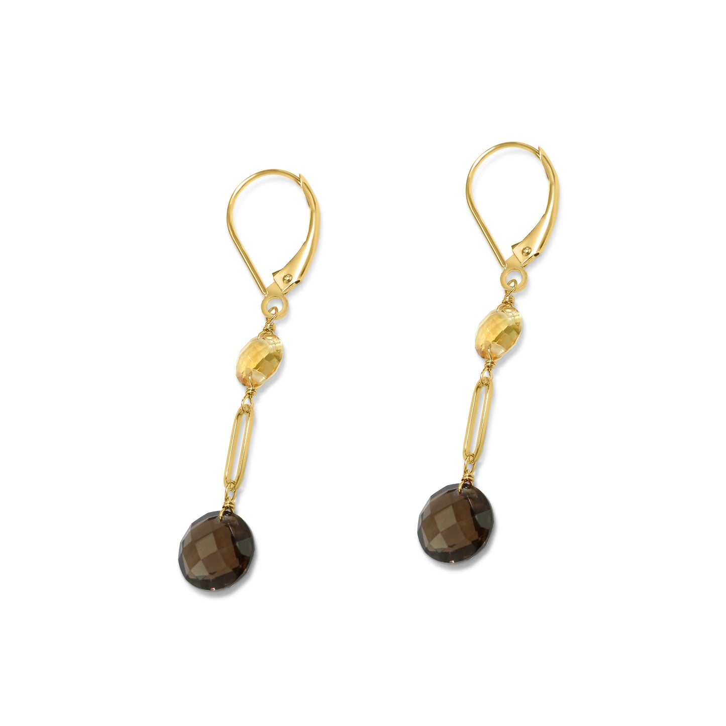 14k Gemstones Coin Shape Leverback Earring Citrine & Smoky Quartz
