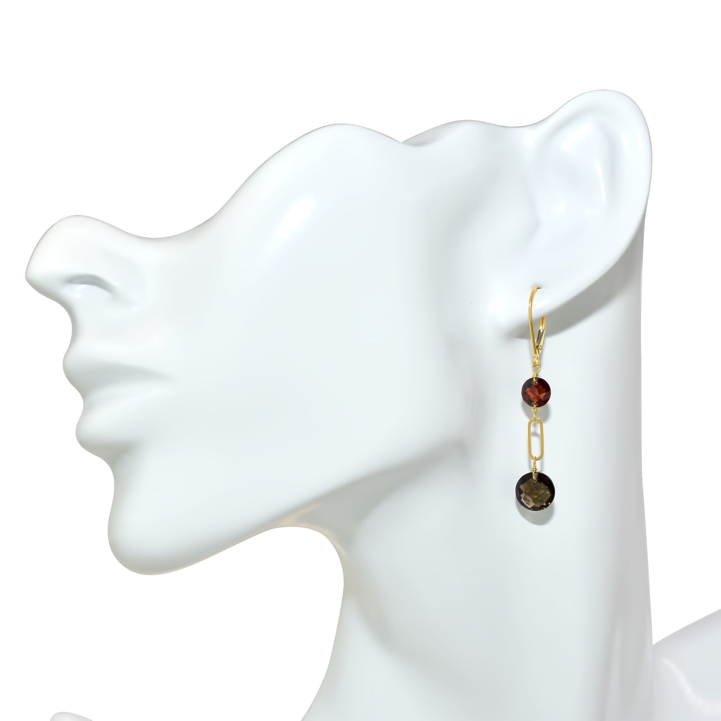 14k Garnet Smoky Quartz Coin Leverback Earring