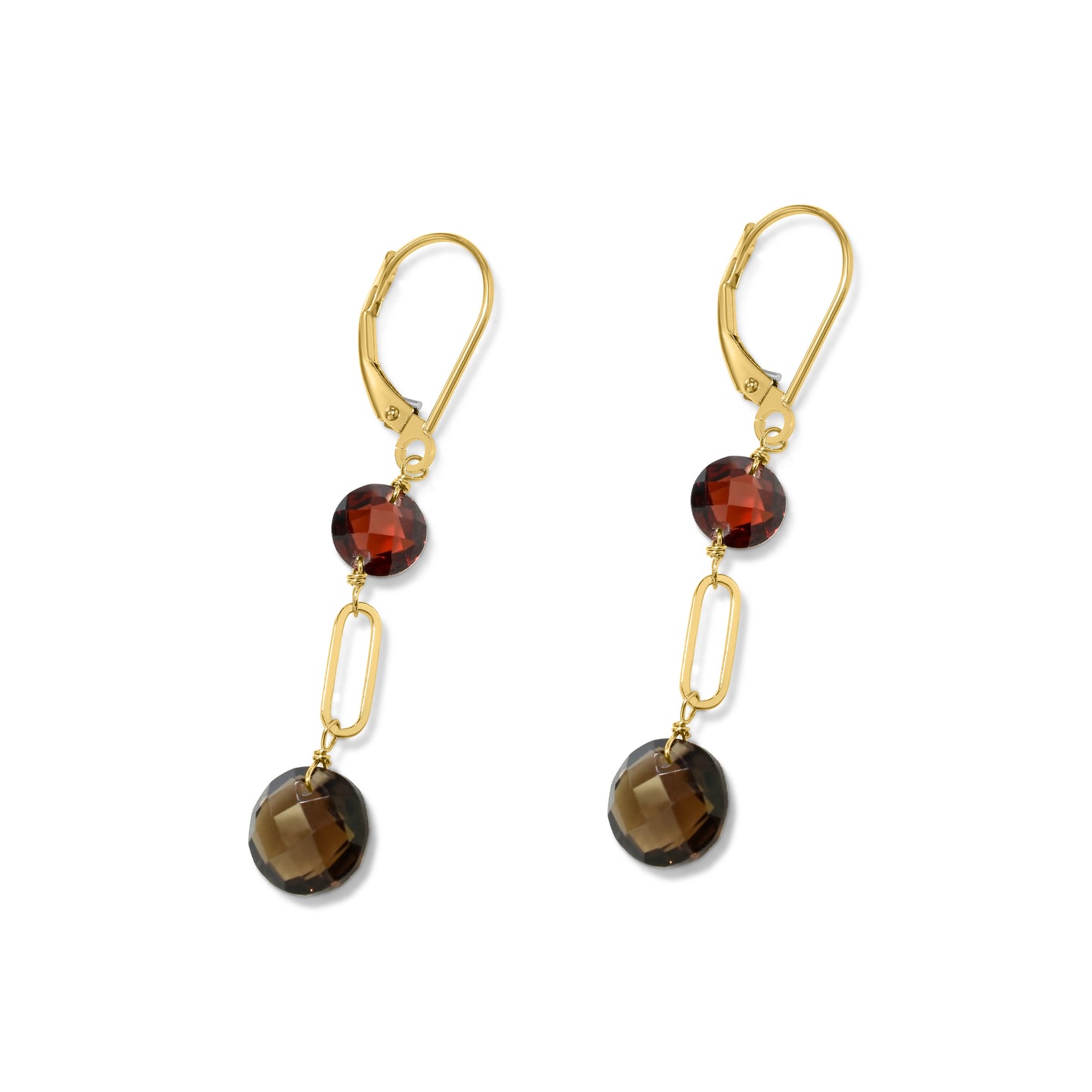 14k Garnet Smoky Quartz Coin Leverback Earring