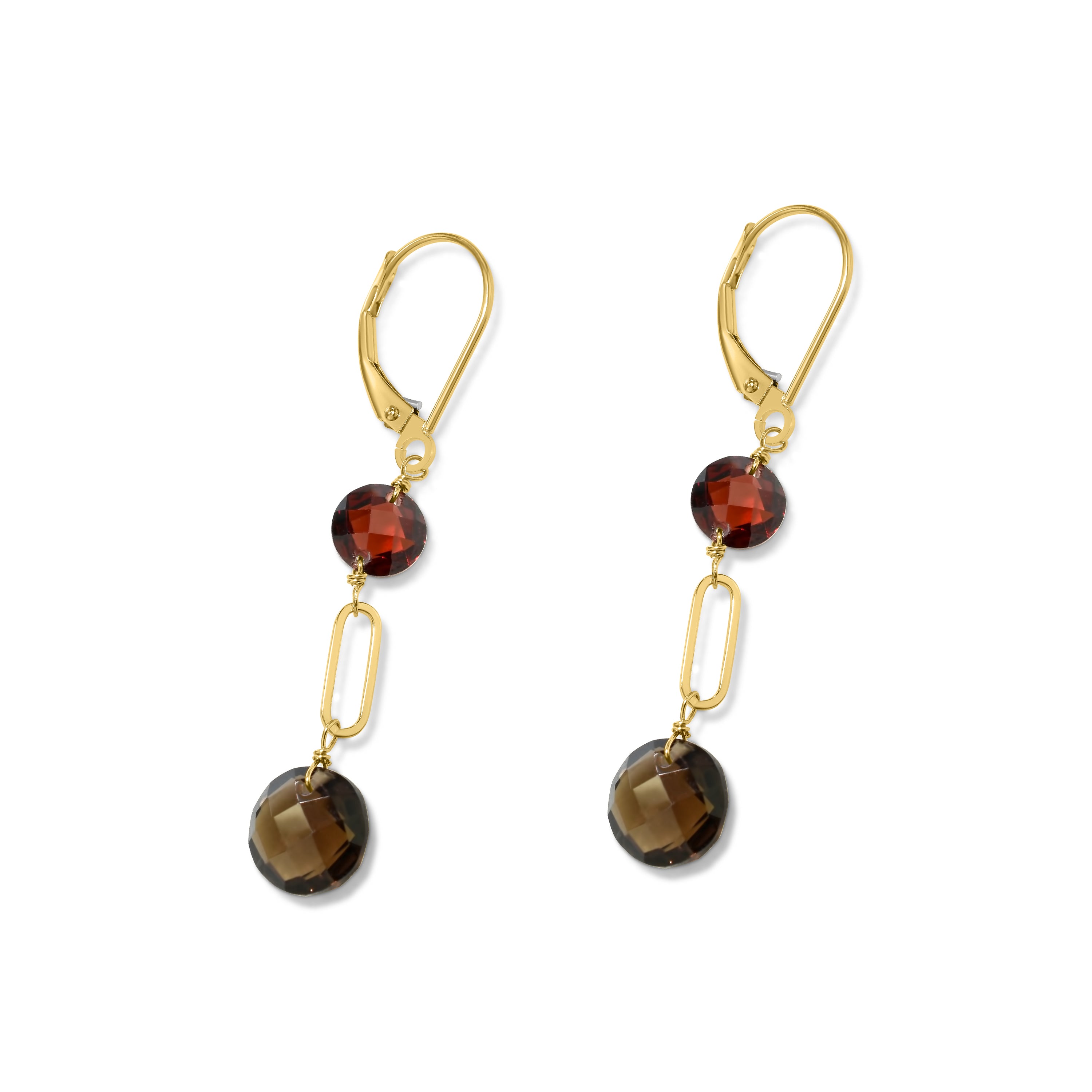 14k Garnet Smoky Quartz Coin Leverback Earring