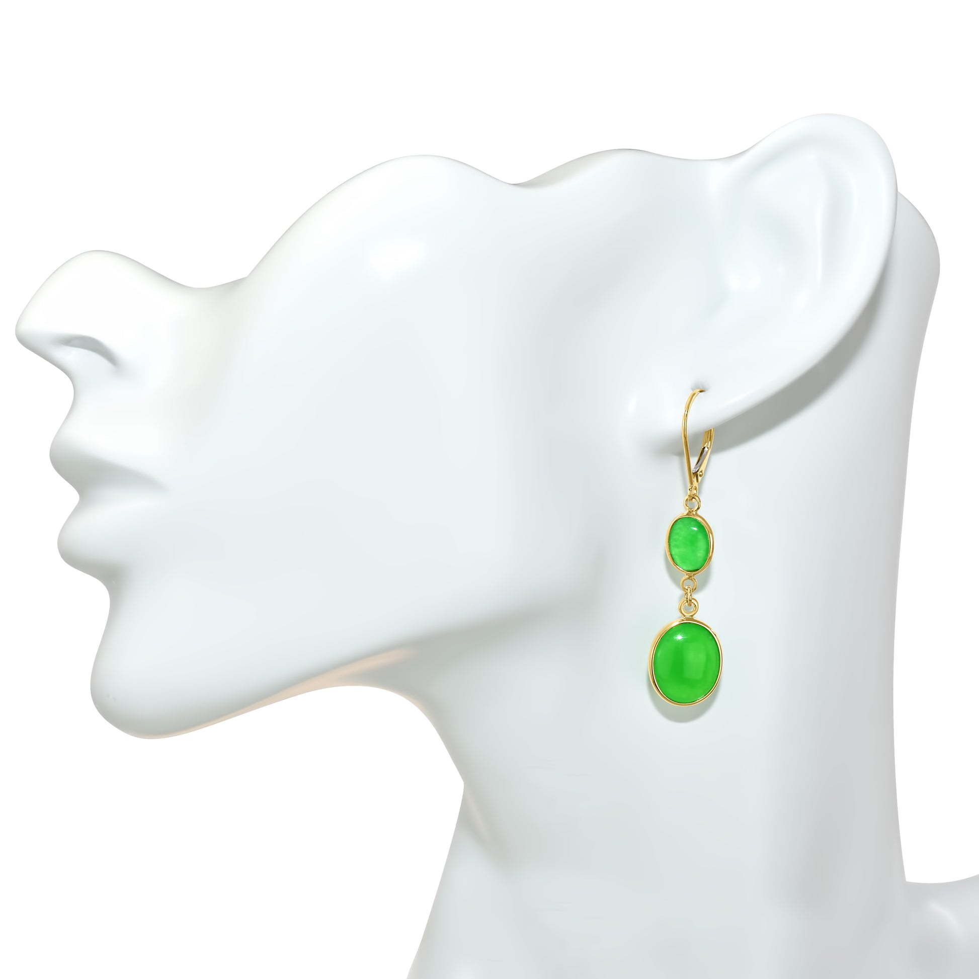 14k Green Jade Double Oval Bezel Lever back Earring