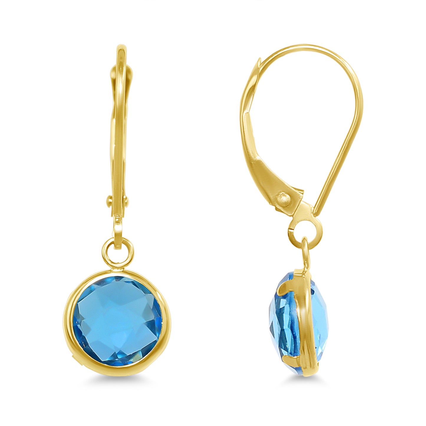 14k 8mm Gemstone Back Set Bezel Leverback Earring Swiss Blue Topaz