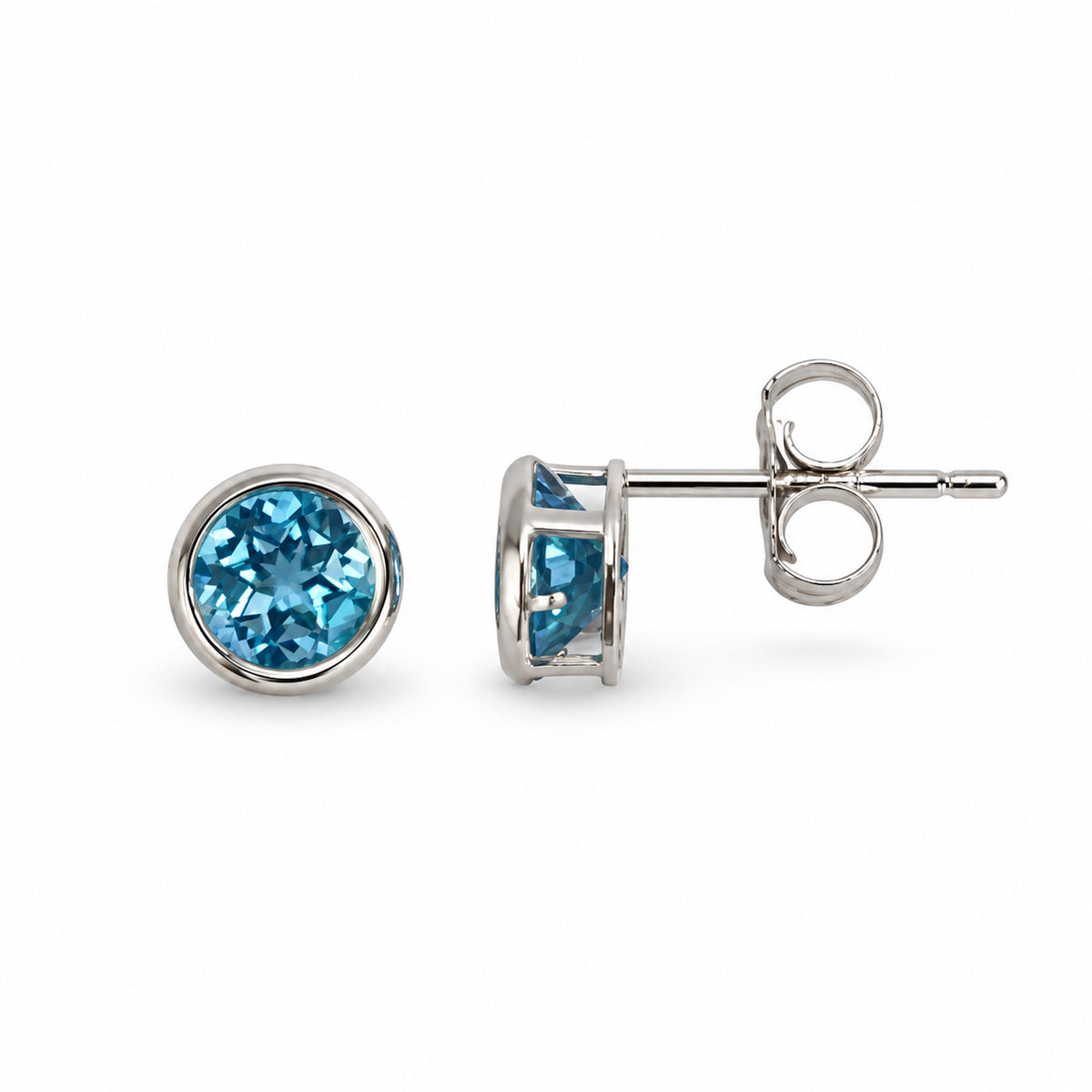 14k White Gold Swiss Blue Topaz Bezel Stud Earring