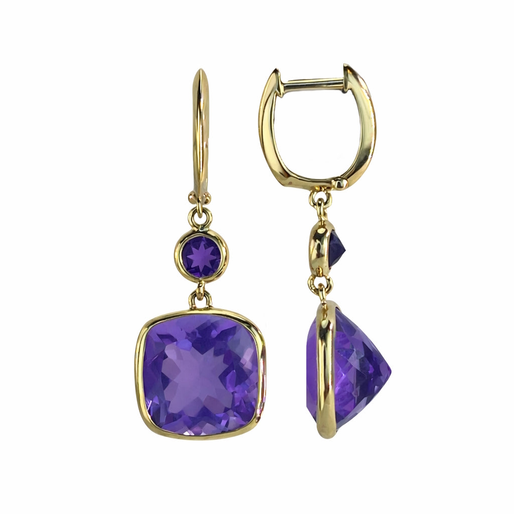14k Amethyst Round Cushion Drop Hoop Earring