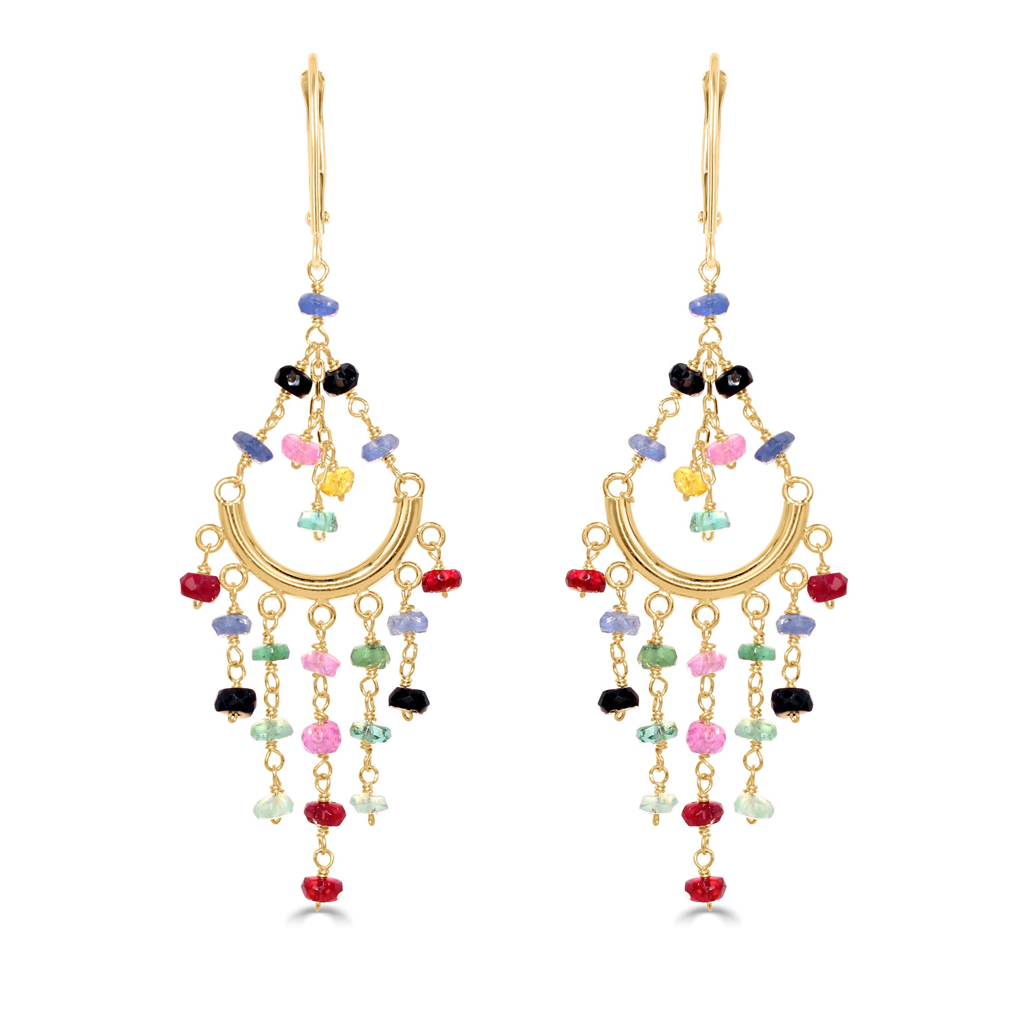 14k Multi Precious Stones Chandelier Leverback Earring Multi Gemstone