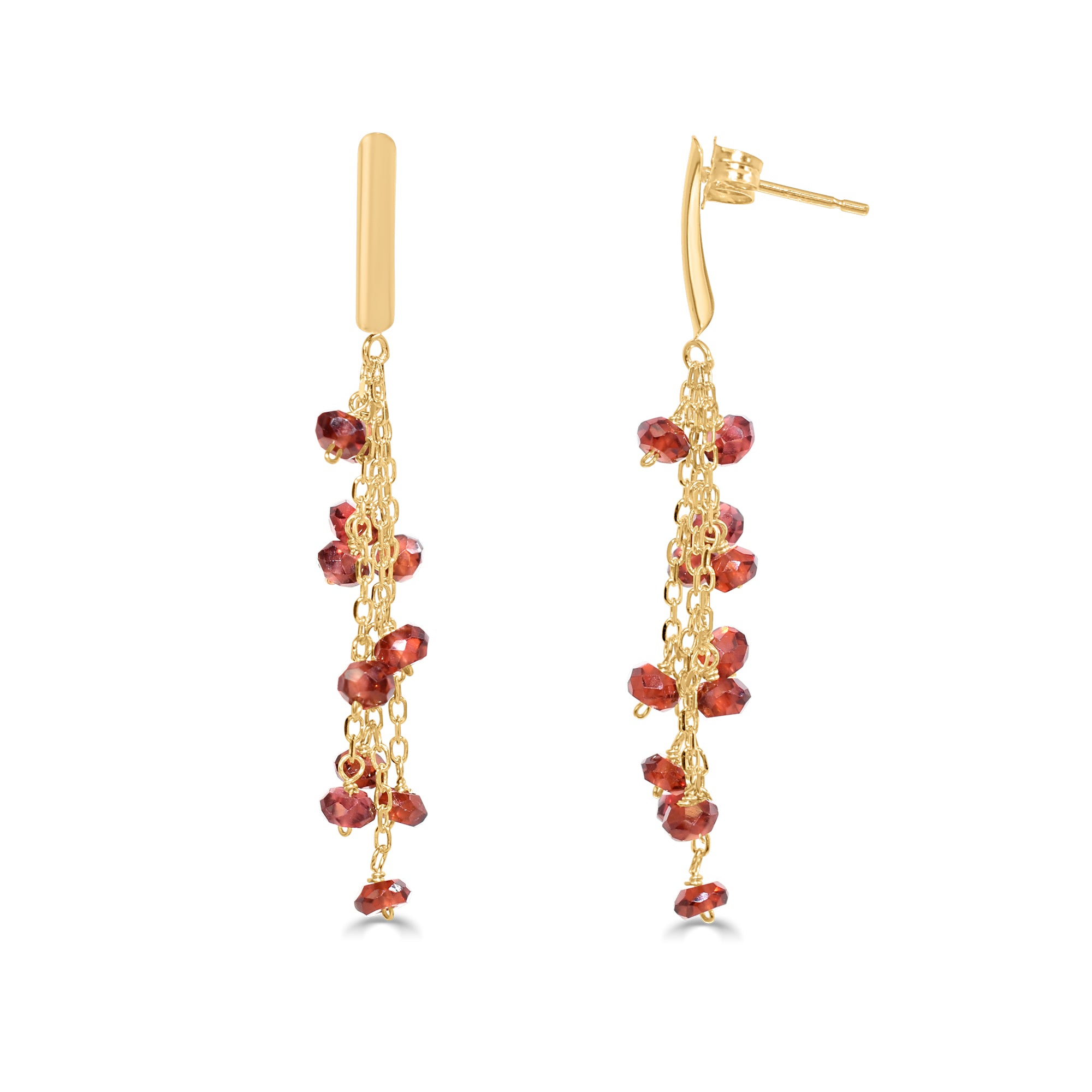 14k Green Onyx/Garnet 3 Row Cluster Dangle Bar Post Earring Garnet