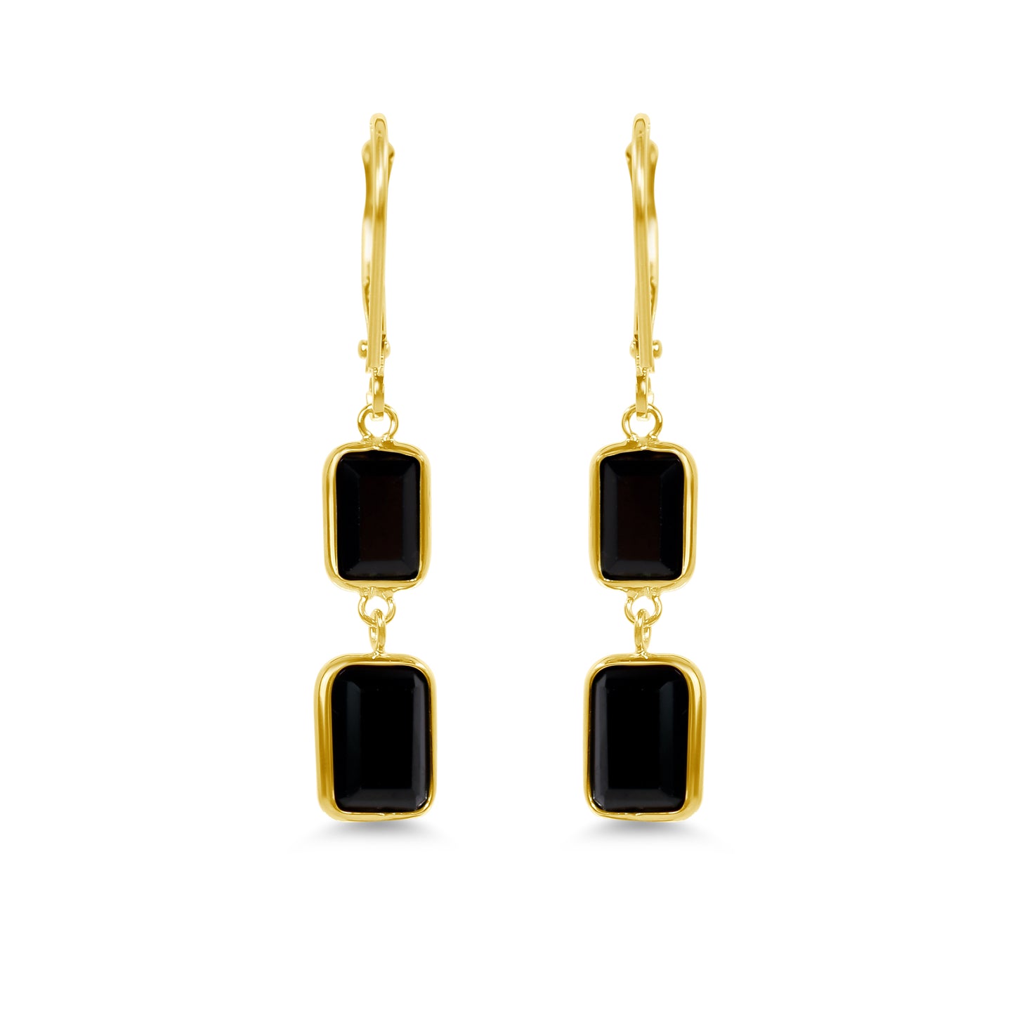 14k Yellow Gold Black Onyx Bezel Double Link Leveback Earrings