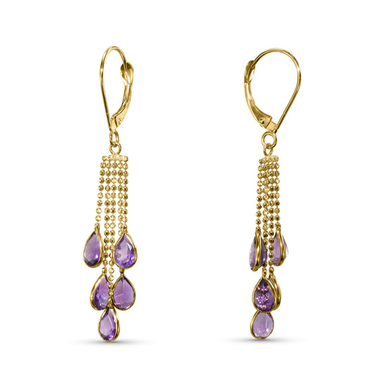 14k Amethyst 5 Line Pear Drop Leverback Earring