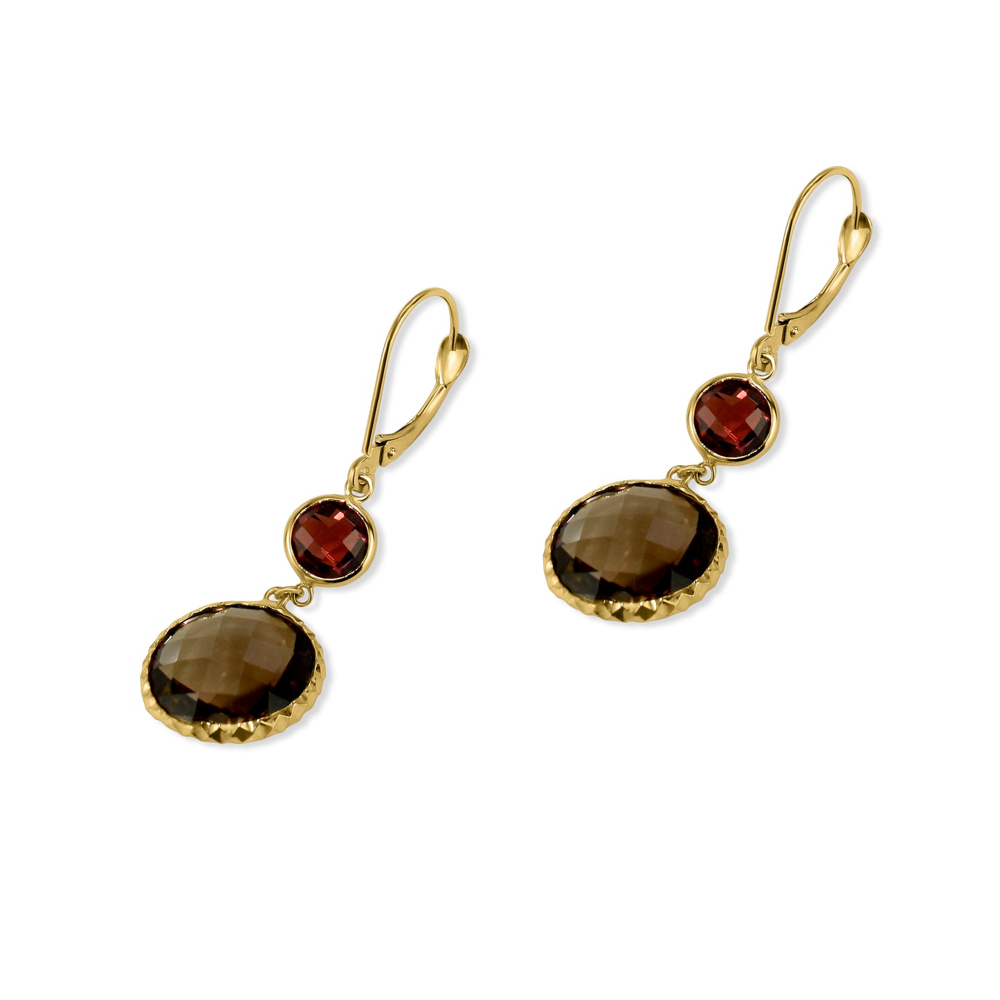 14k Garnet Smoky Quartz Bezel Leverback Earring